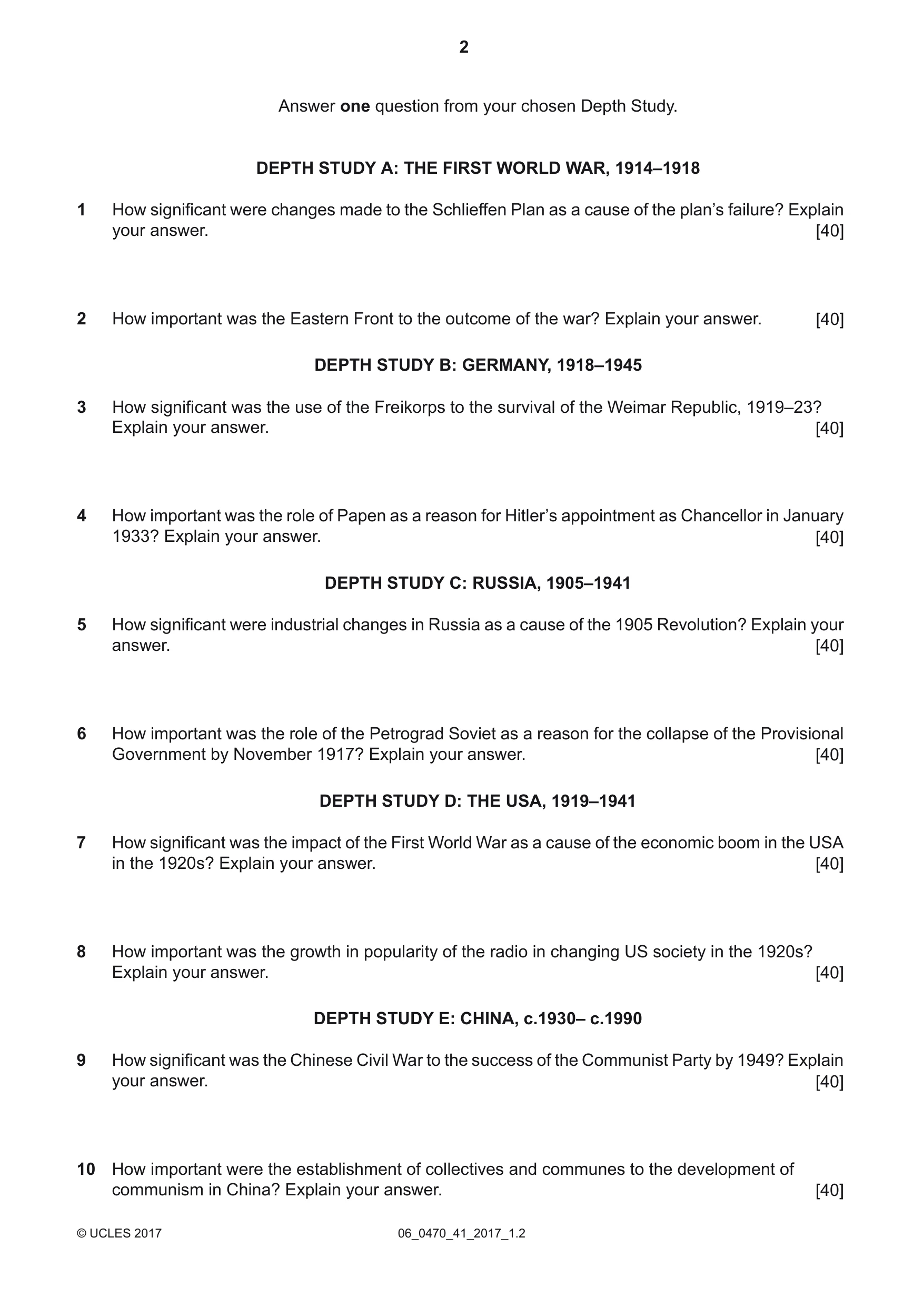 Cambridge IGCSE History 0470 2017 May/June Paper 4 · Variant 1 question paper, page 2 of 4