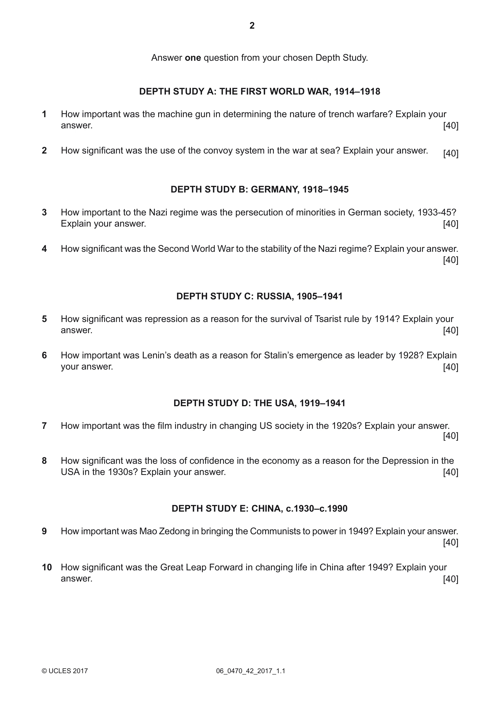 Cambridge IGCSE History 0470 2017 May/June Paper 4 · Variant 2 question paper, page 2 of 4