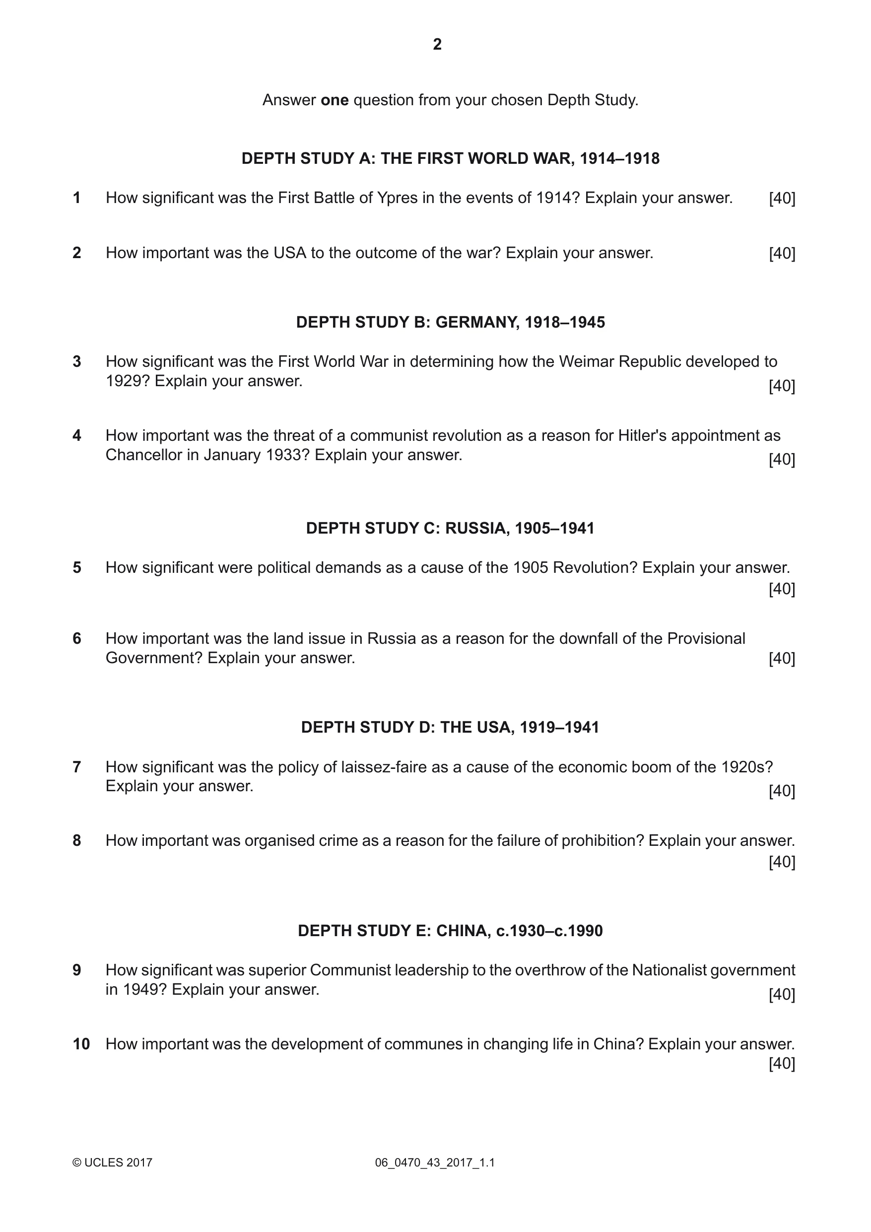 Cambridge IGCSE History 0470 2017 May/June Paper 4 · Variant 3 question paper, page 2 of 4