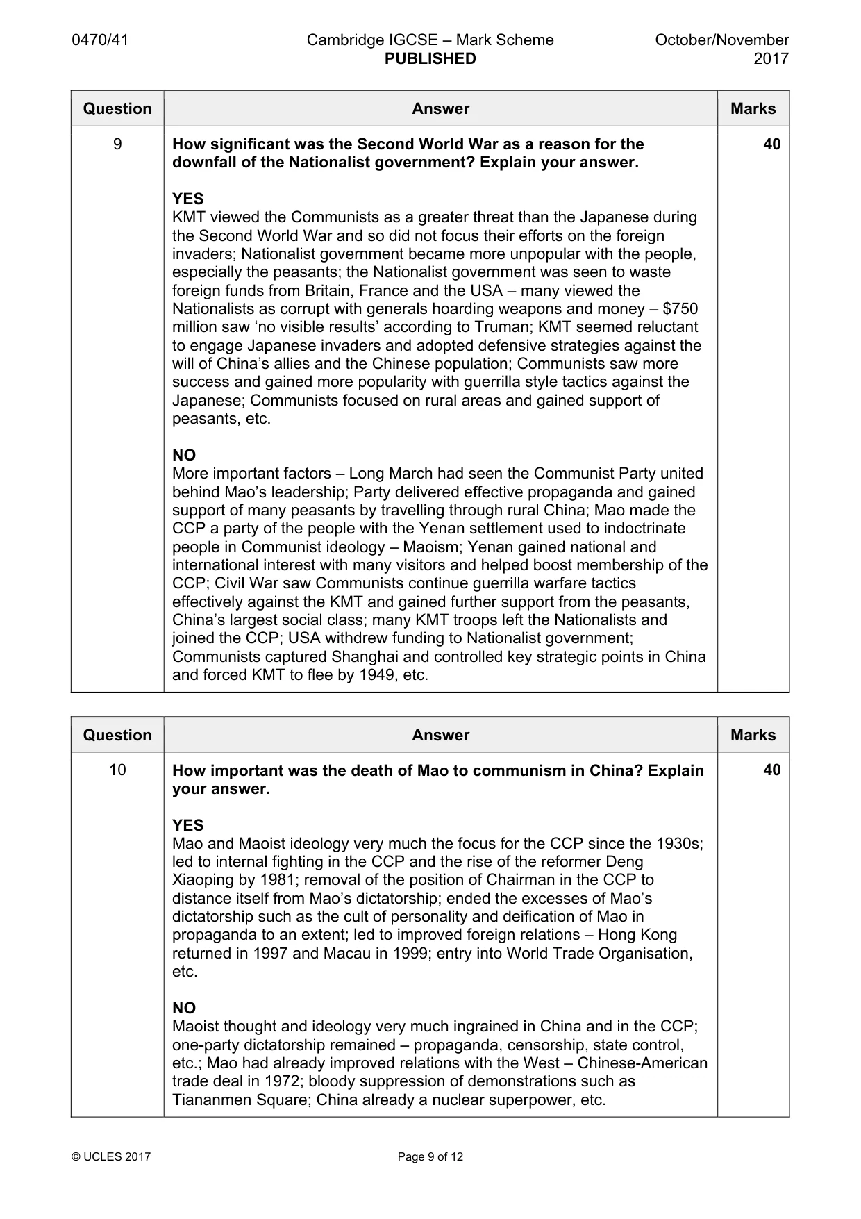 Mark scheme, page 9 of 12