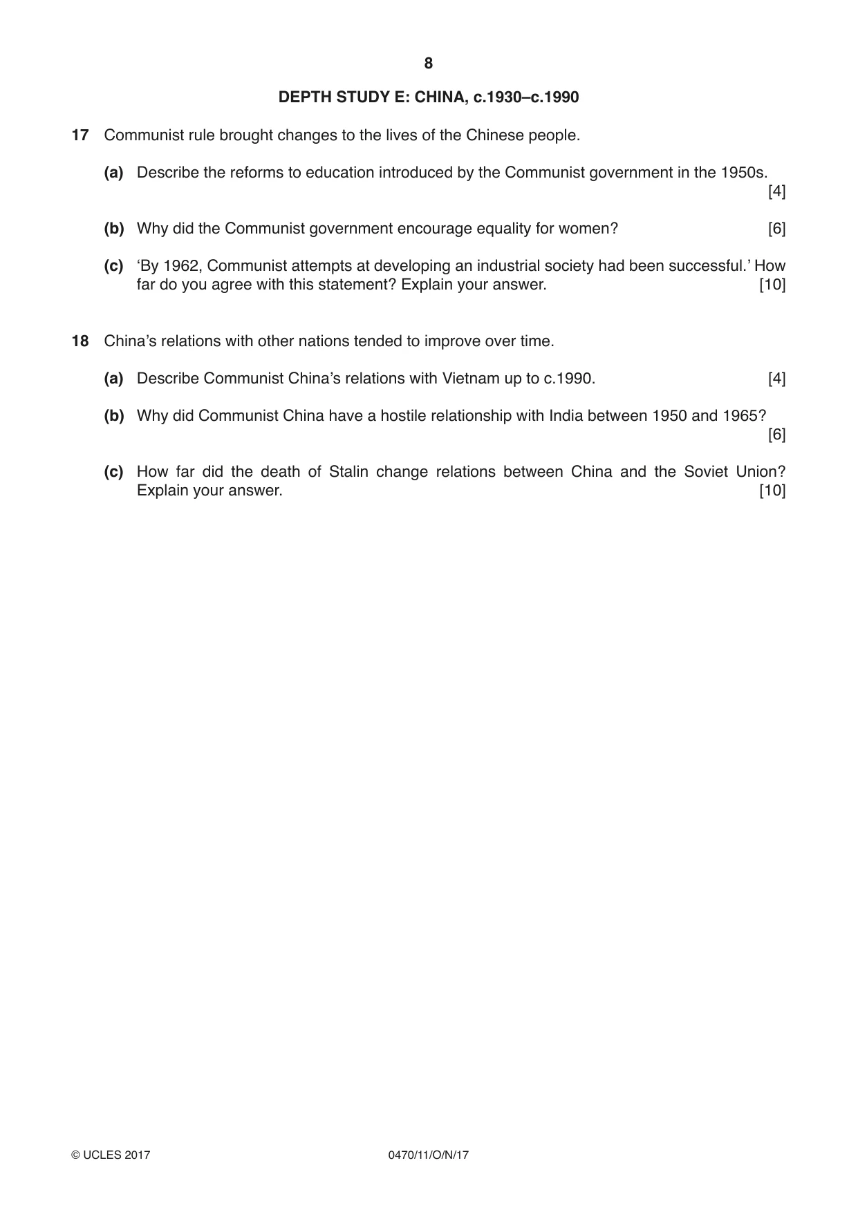 Cambridge IGCSE History 0470 2017 Oct/Nov Paper 1 · Variant 1 question paper, page 8 of 12
