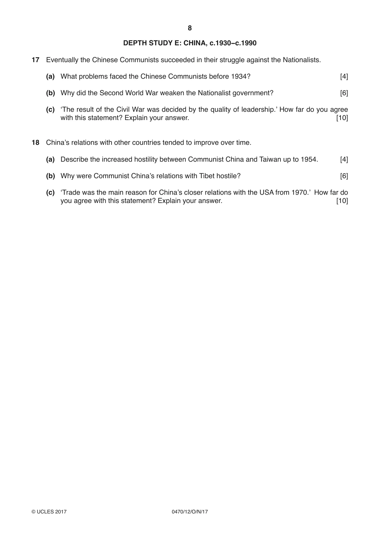 Cambridge IGCSE History 0470 2017 Oct/Nov Paper 1 · Variant 2 question paper, page 8 of 12