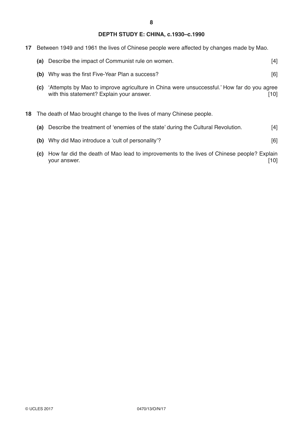 Cambridge IGCSE History 0470 2017 Oct/Nov Paper 1 · Variant 3 question paper, page 8 of 12