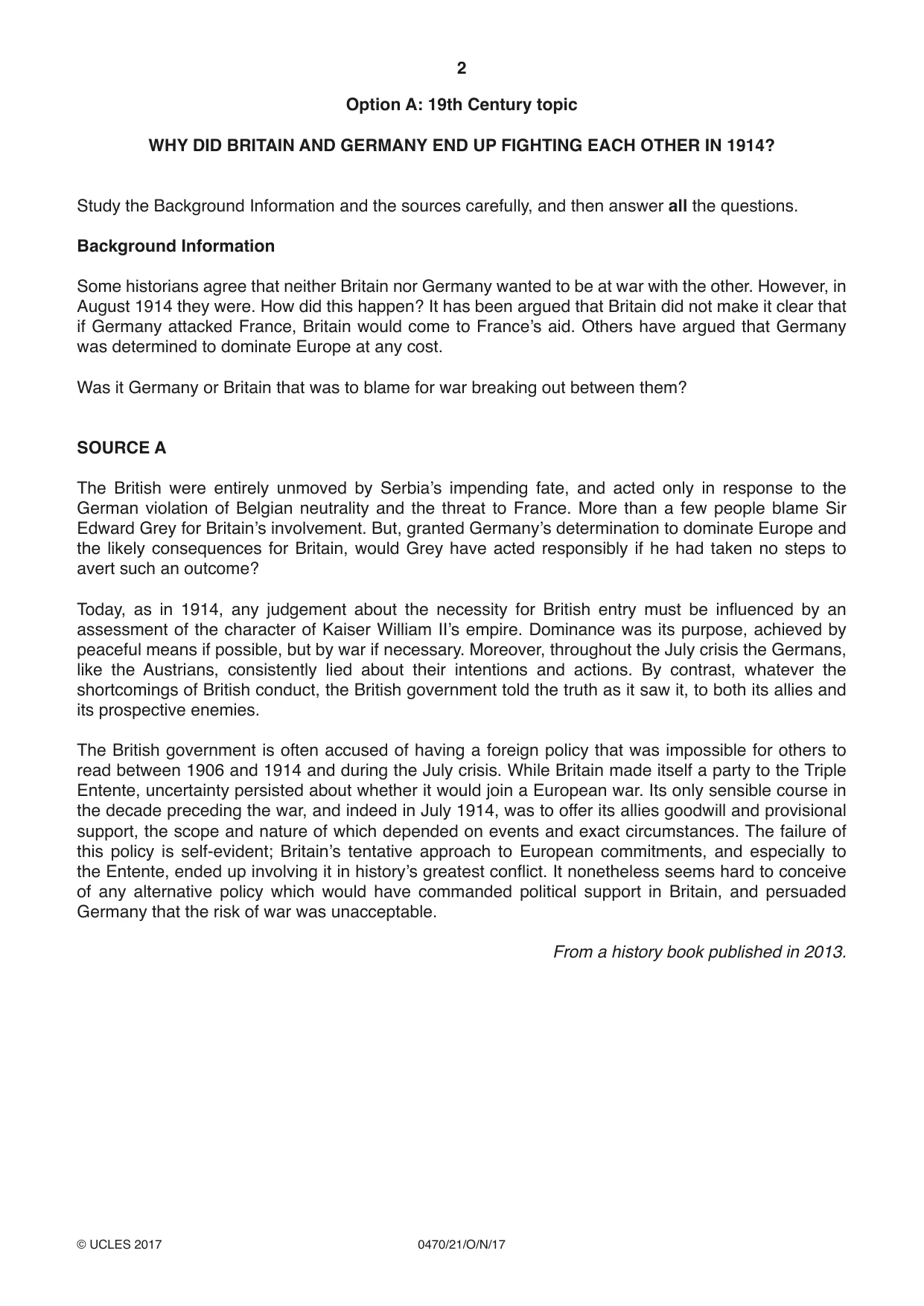 Cambridge IGCSE History 0470 2017 Oct/Nov Paper 2 · Variant 1 question paper, page 2 of 16