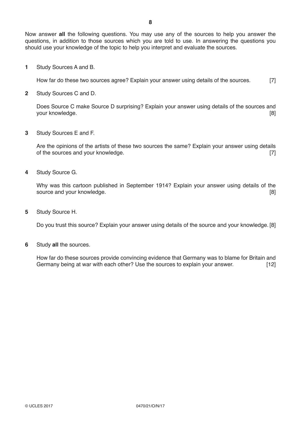 Cambridge IGCSE History 0470 2017 Oct/Nov Paper 2 · Variant 1 question paper, page 8 of 16