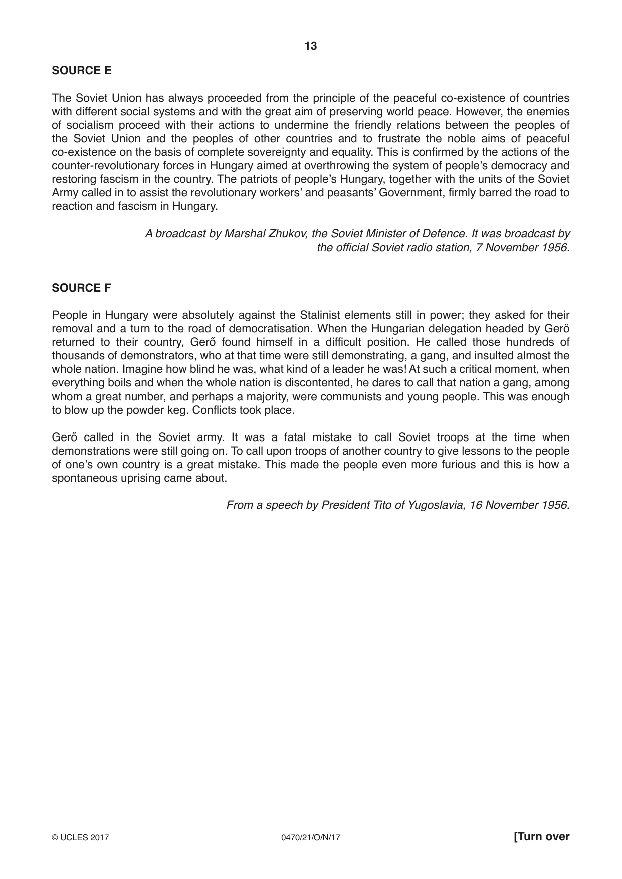 Cambridge IGCSE History 0470 2017 Oct/Nov Paper 2 · Variant 1 question paper, page 13 of 16