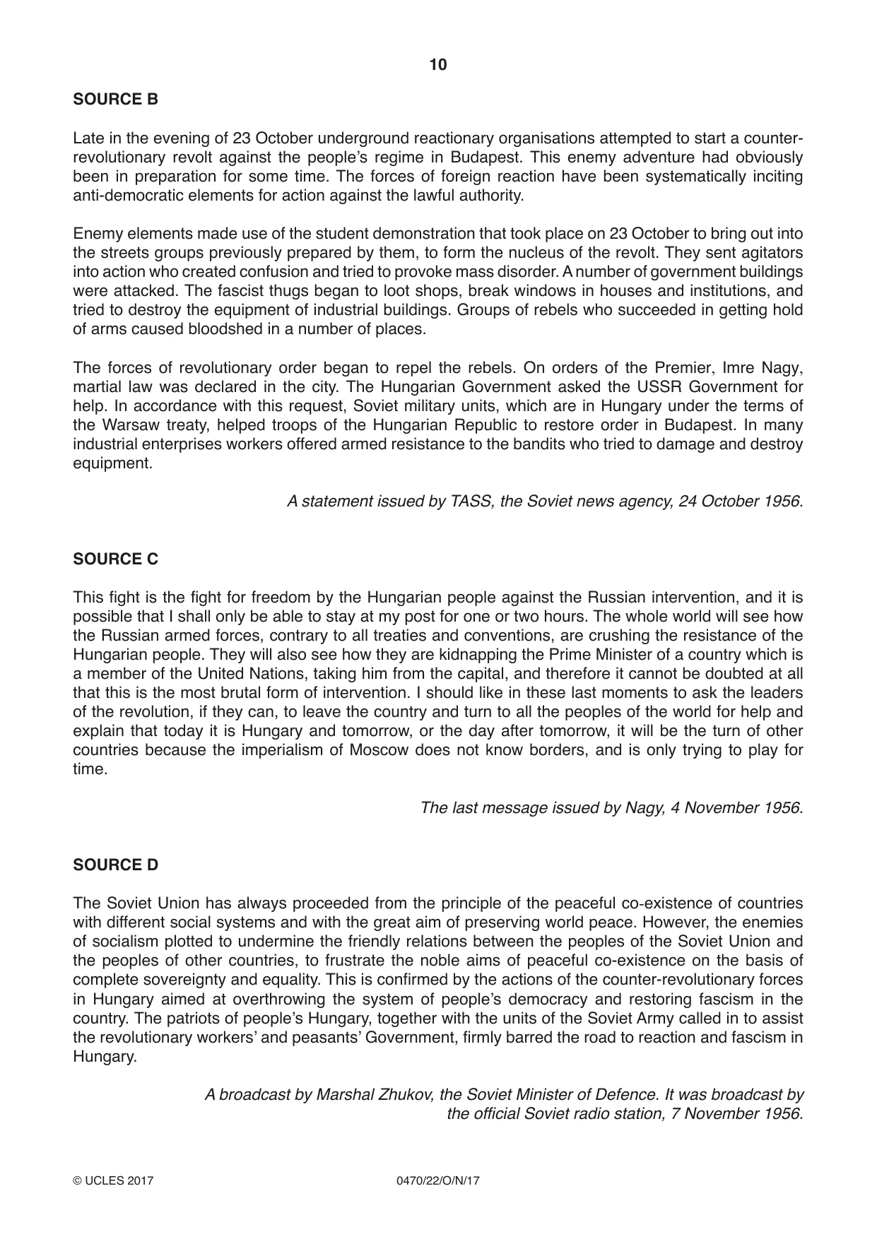 Cambridge IGCSE History 0470 2017 Oct/Nov Paper 2 · Variant 2 question paper, page 10 of 16