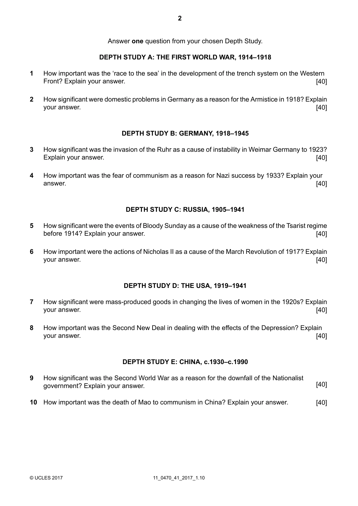 Cambridge IGCSE History 0470 2017 Oct/Nov Paper 4 · Variant 1 question paper, page 2 of 4