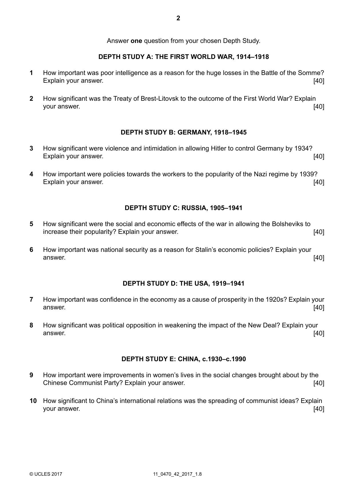 Cambridge IGCSE History 0470 2017 Oct/Nov Paper 4 · Variant 2 question paper, page 2 of 4