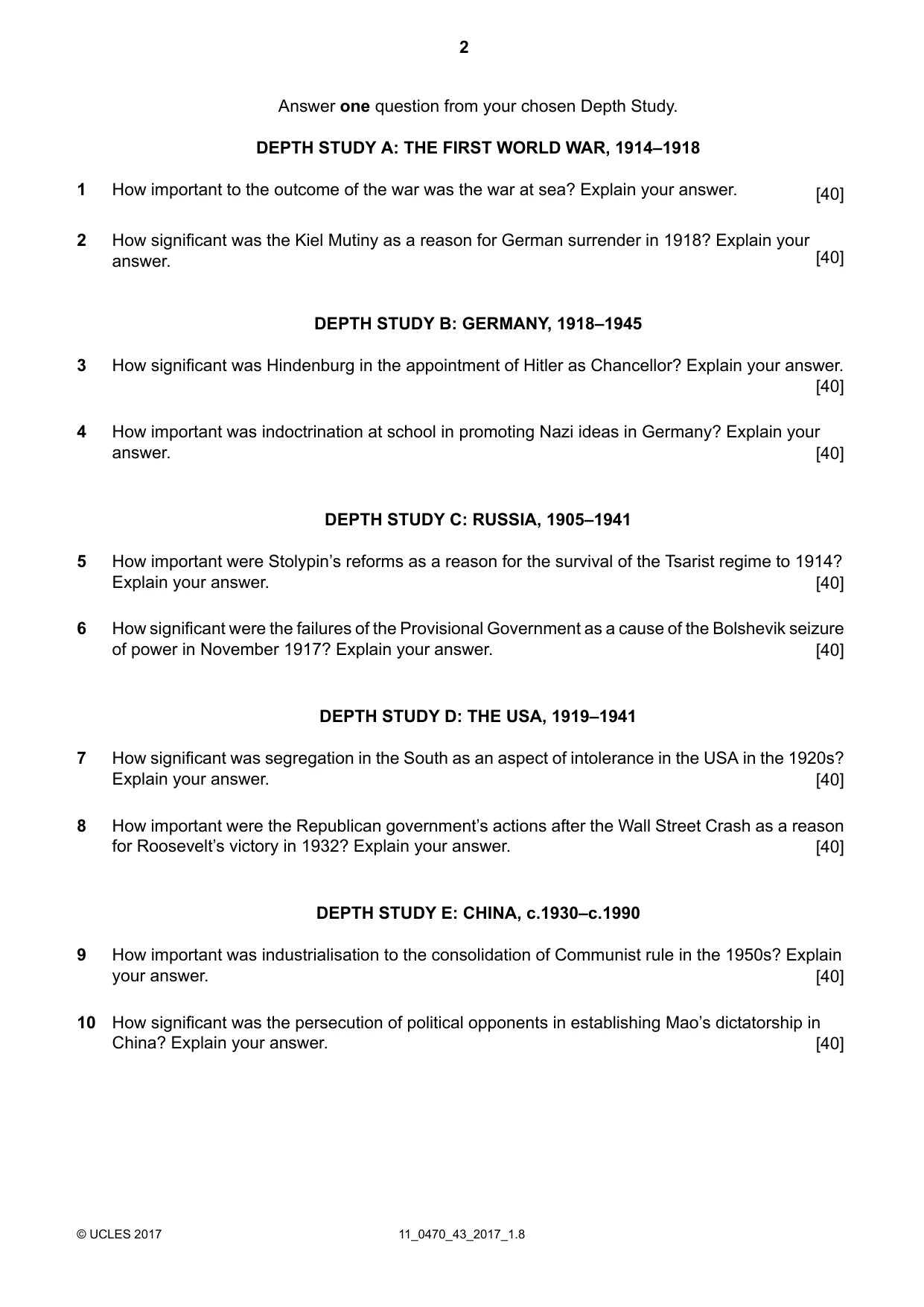 Cambridge IGCSE History 0470 2017 Oct/Nov Paper 4 · Variant 3 question paper, page 2 of 4