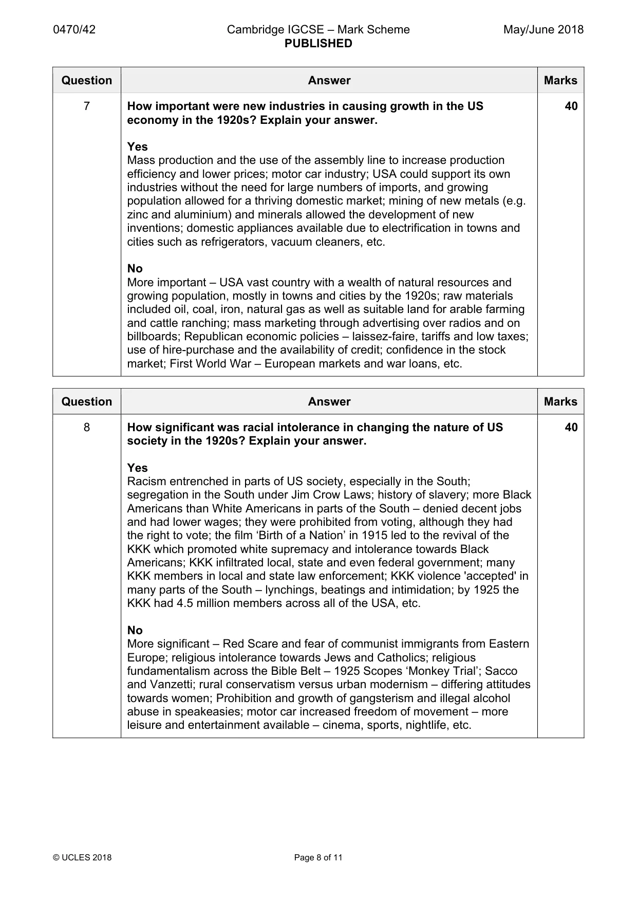 Mark scheme, page 8 of 11