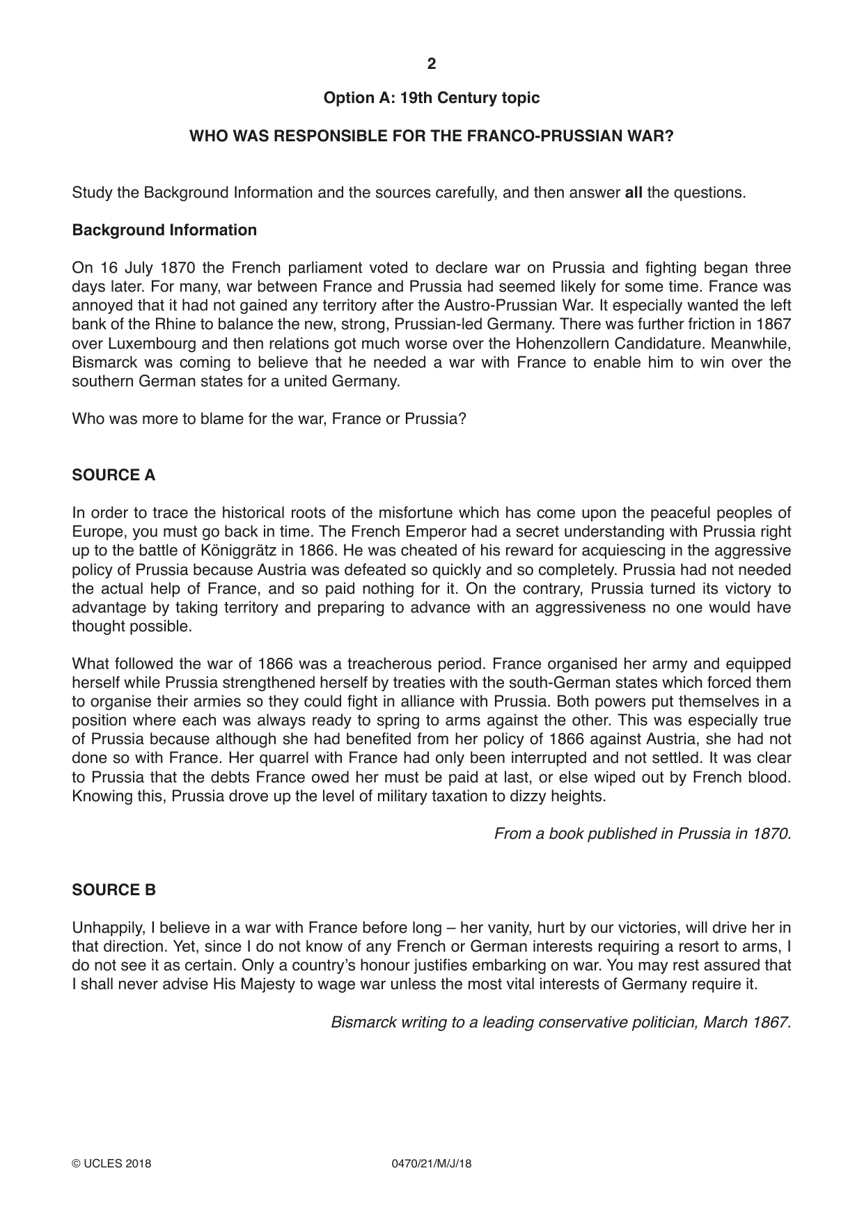 Cambridge IGCSE History 0470 2018 May/June Paper 2 · Variant 1 question paper, page 2 of 12