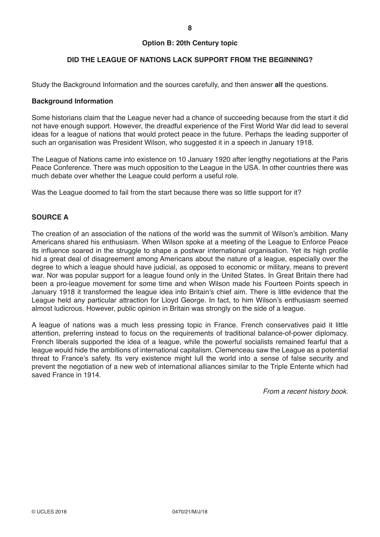 Cambridge IGCSE History 0470 2018 May/June Paper 2 · Variant 1 question paper, page 8 of 12