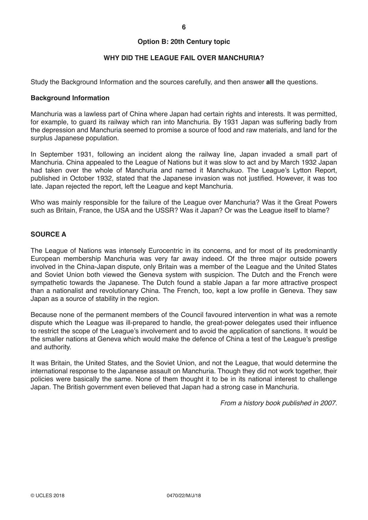 Cambridge IGCSE History 0470 2018 May/June Paper 2 · Variant 2 question paper, page 6 of 12