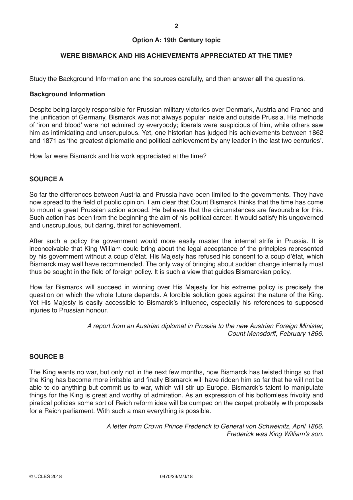 Cambridge IGCSE History 0470 2018 May/June Paper 2 · Variant 3 question paper, page 2 of 12