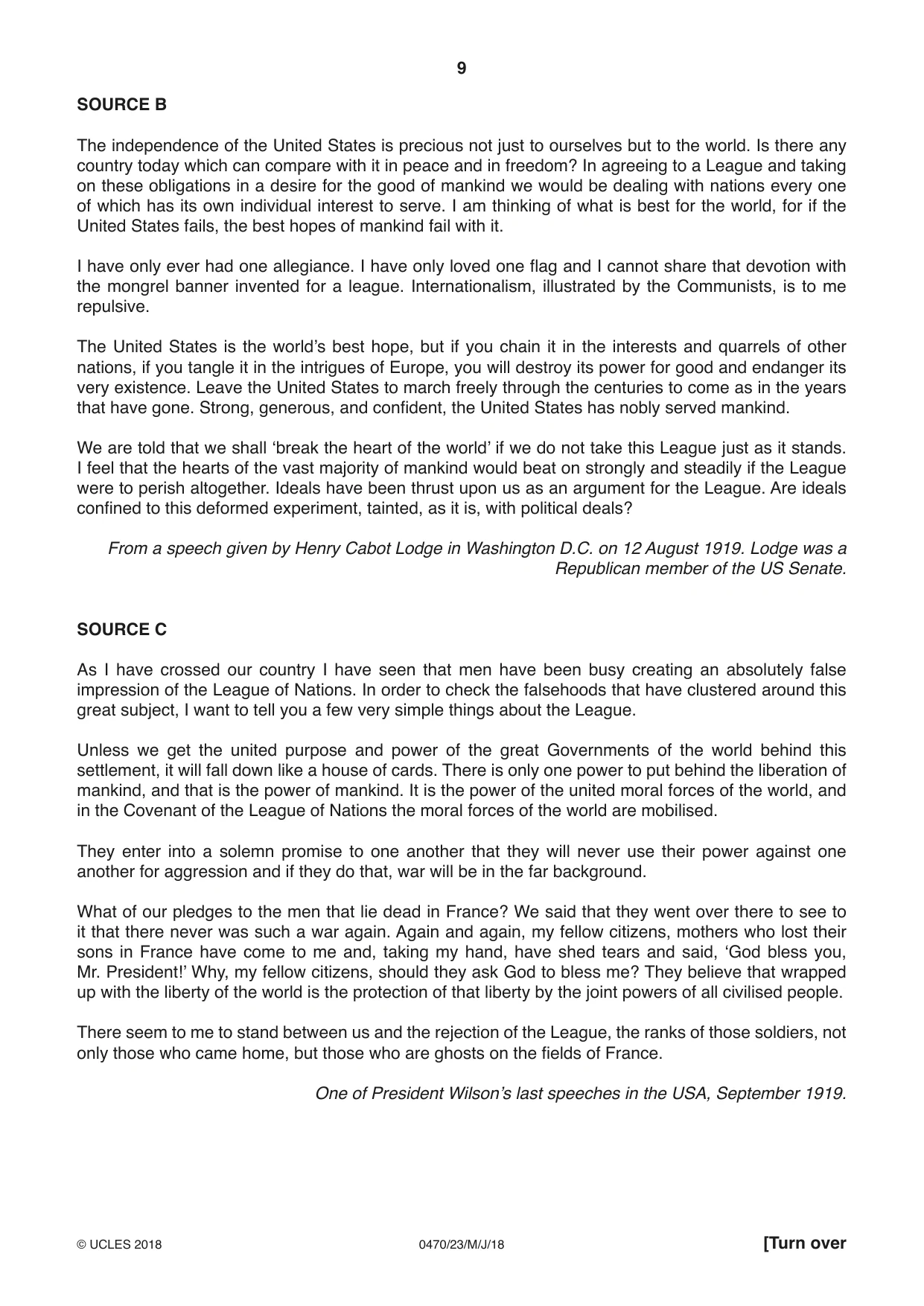 Cambridge IGCSE History 0470 2018 May/June Paper 2 · Variant 3 question paper, page 9 of 12
