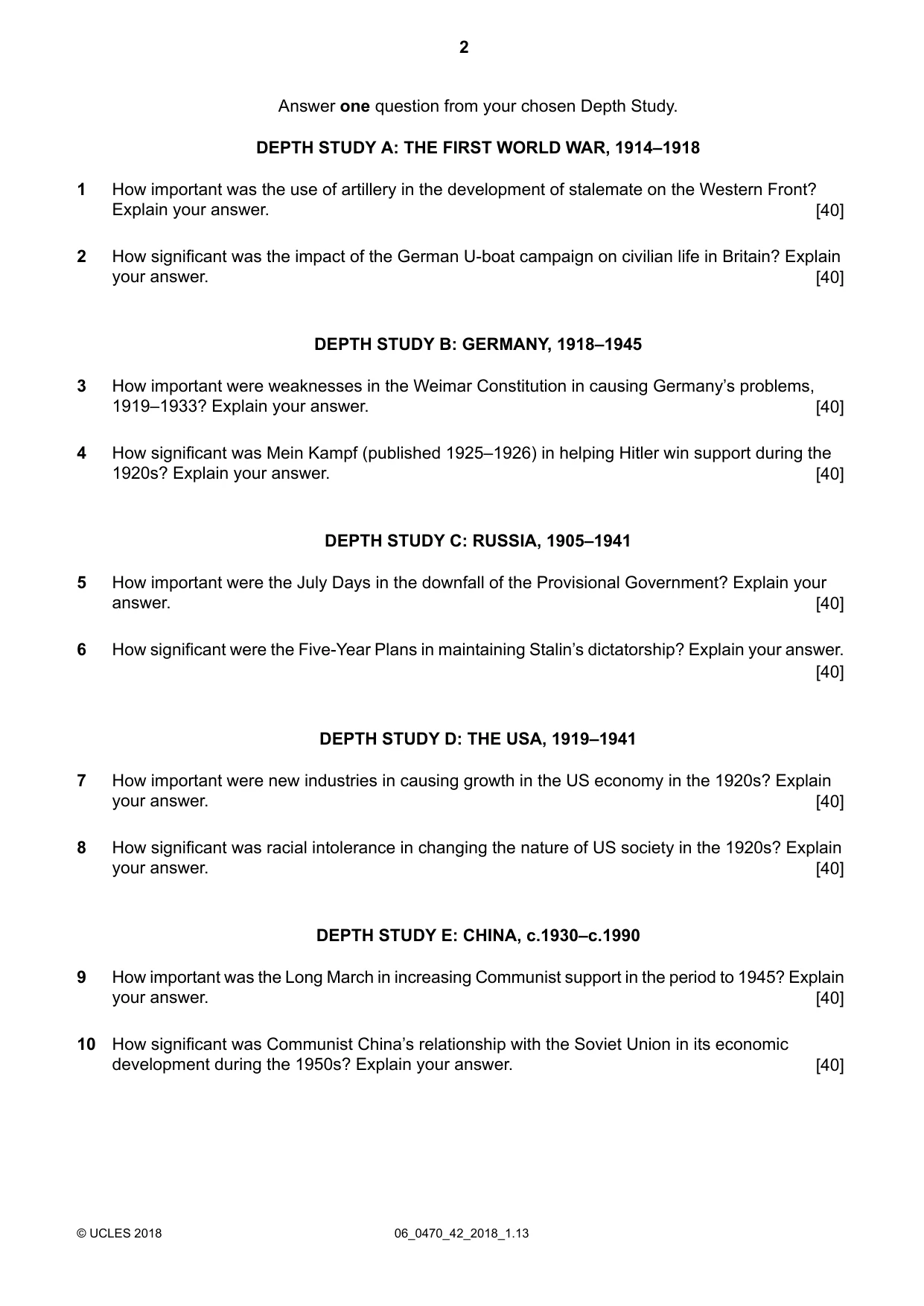 Cambridge IGCSE History 0470 2018 May/June Paper 4 · Variant 2 question paper, page 2 of 4