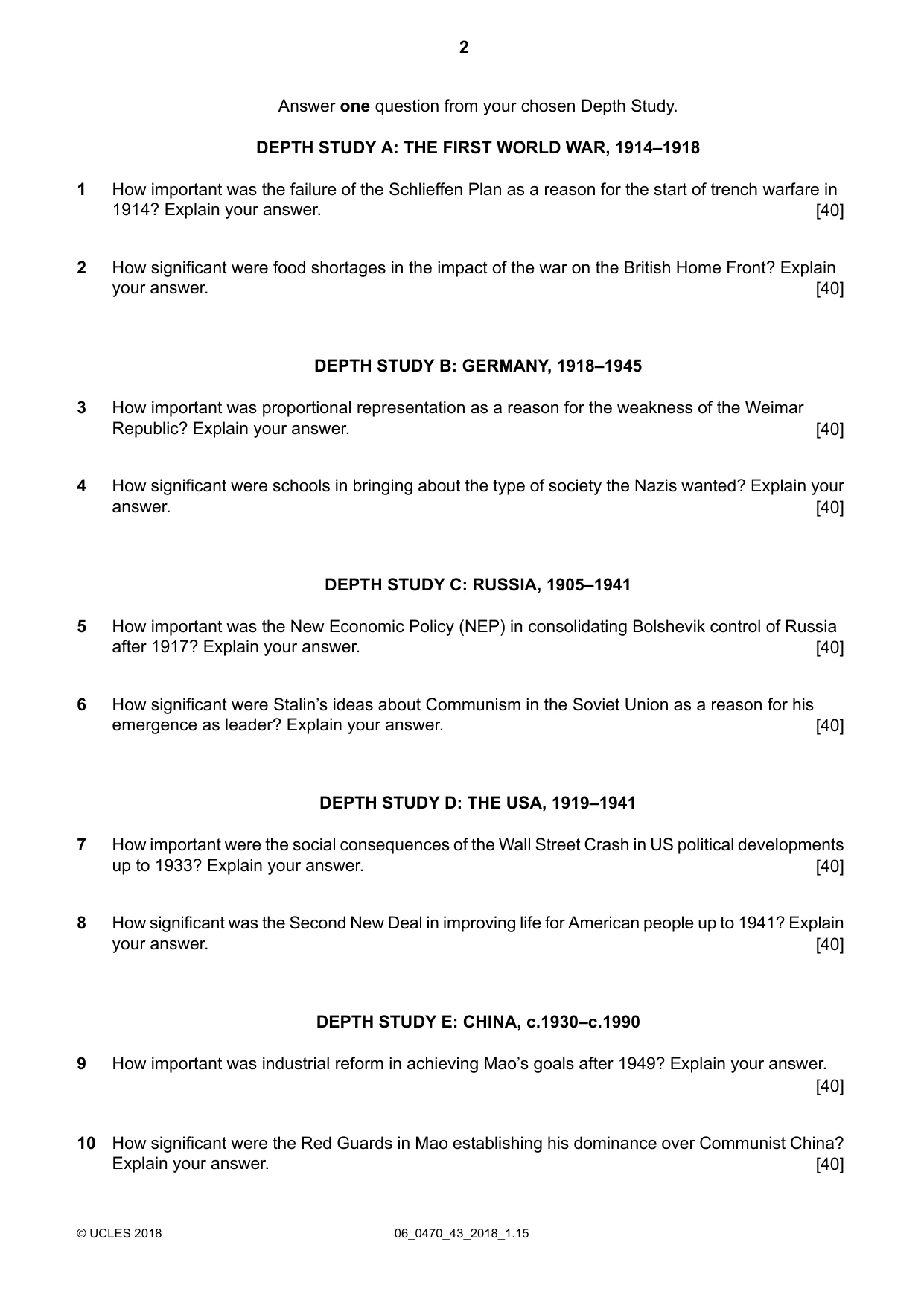 Cambridge IGCSE History 0470 2018 May/June Paper 4 · Variant 3 question paper, page 2 of 4