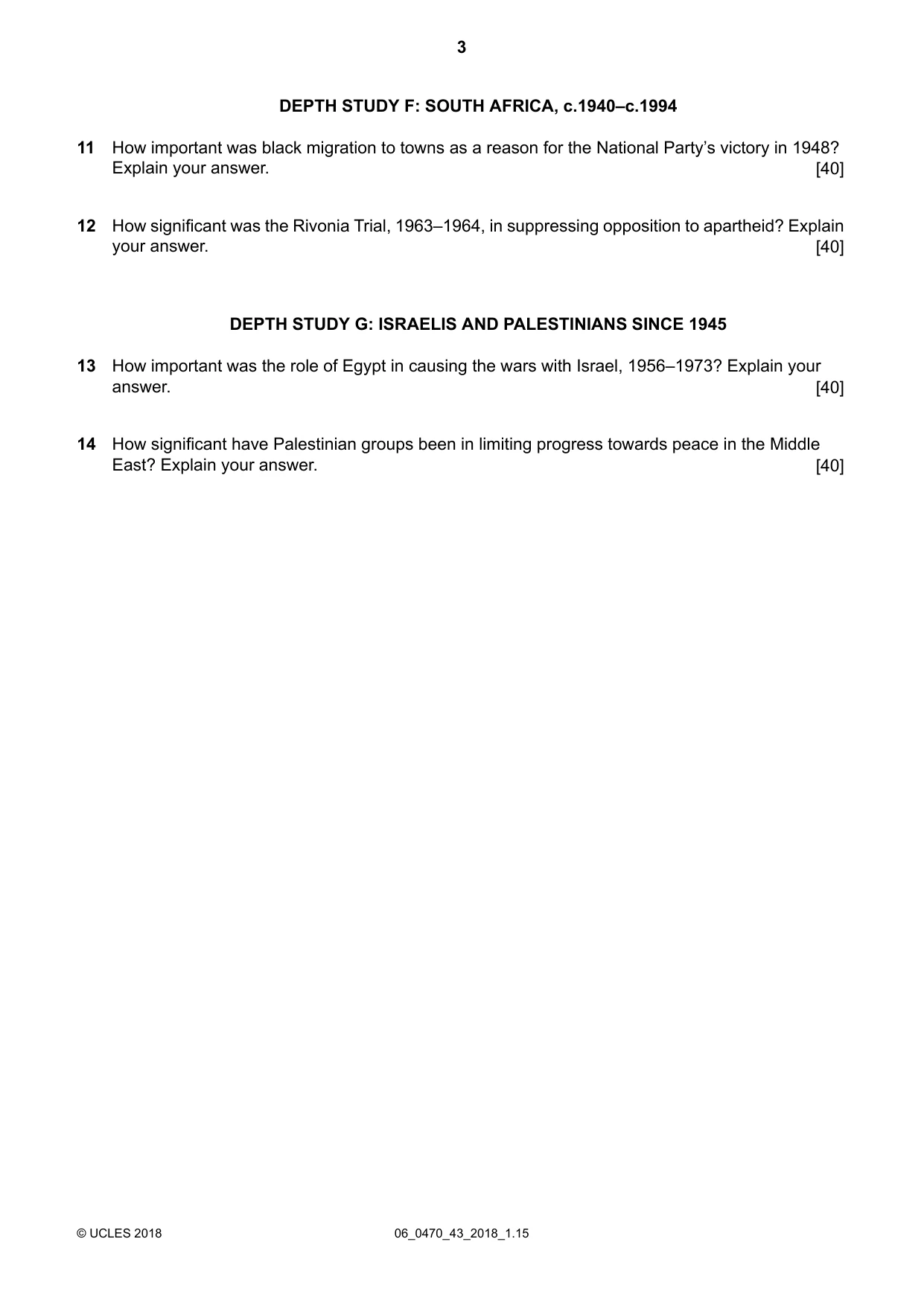 Cambridge IGCSE History 0470 2018 May/June Paper 4 · Variant 3 question paper, page 3 of 4