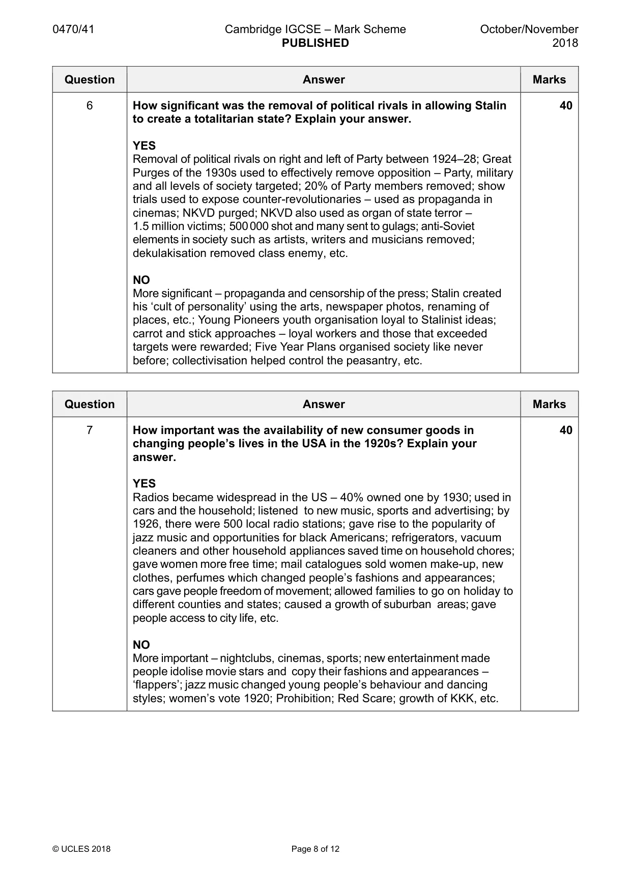 Mark scheme, page 8 of 12