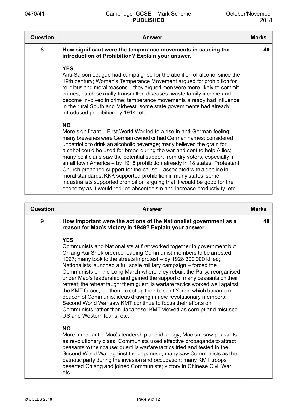 Mark scheme, page 9 of 12