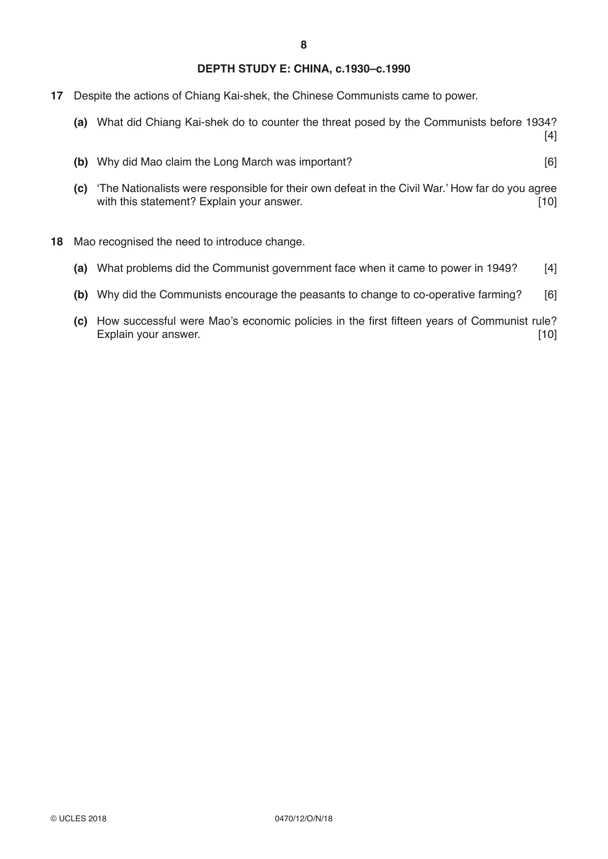 Cambridge IGCSE History 0470 2018 Oct/Nov Paper 1 · Variant 2 question paper, page 8 of 12