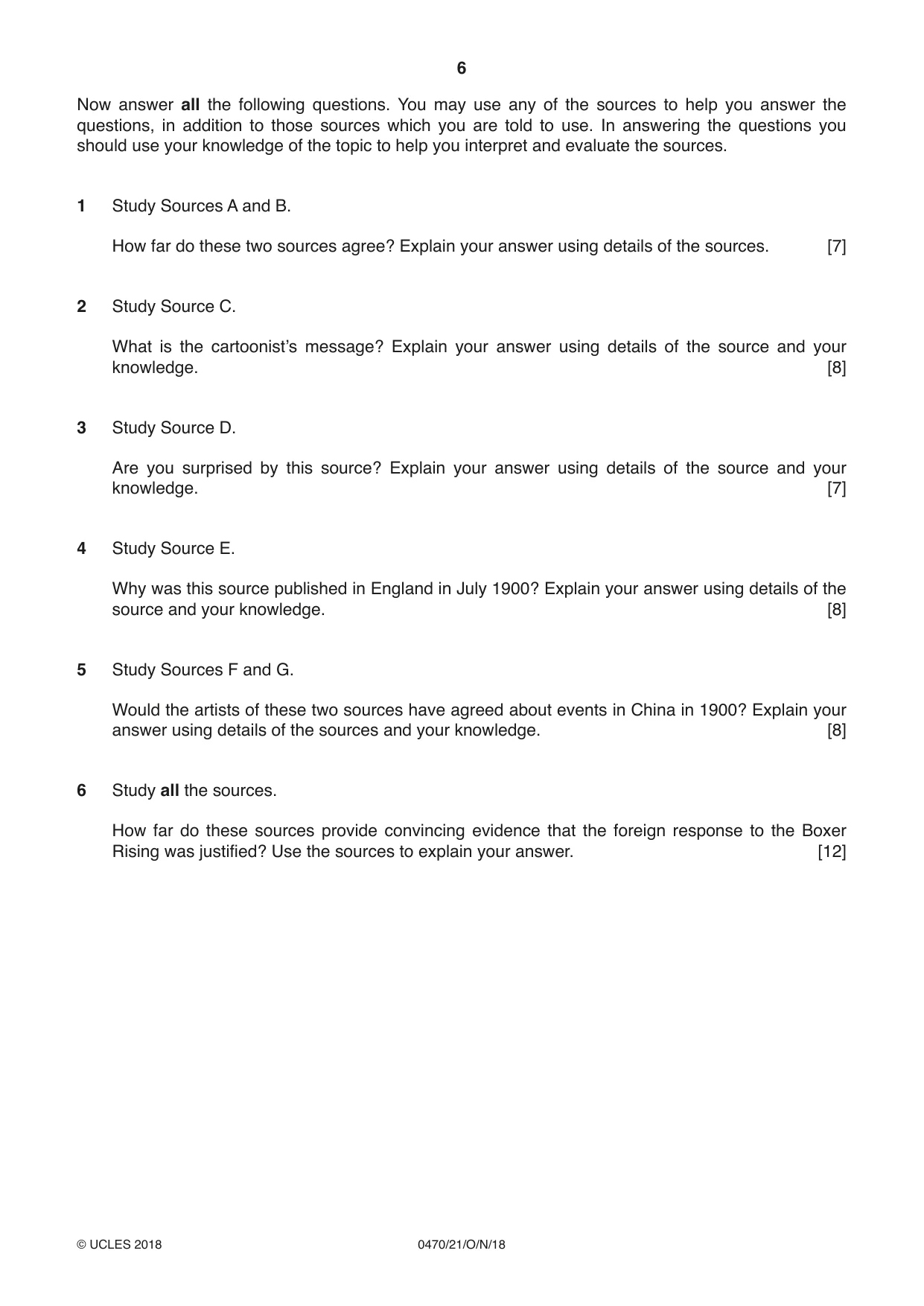 Cambridge IGCSE History 0470 2018 Oct/Nov Paper 2 · Variant 1 question paper, page 6 of 12