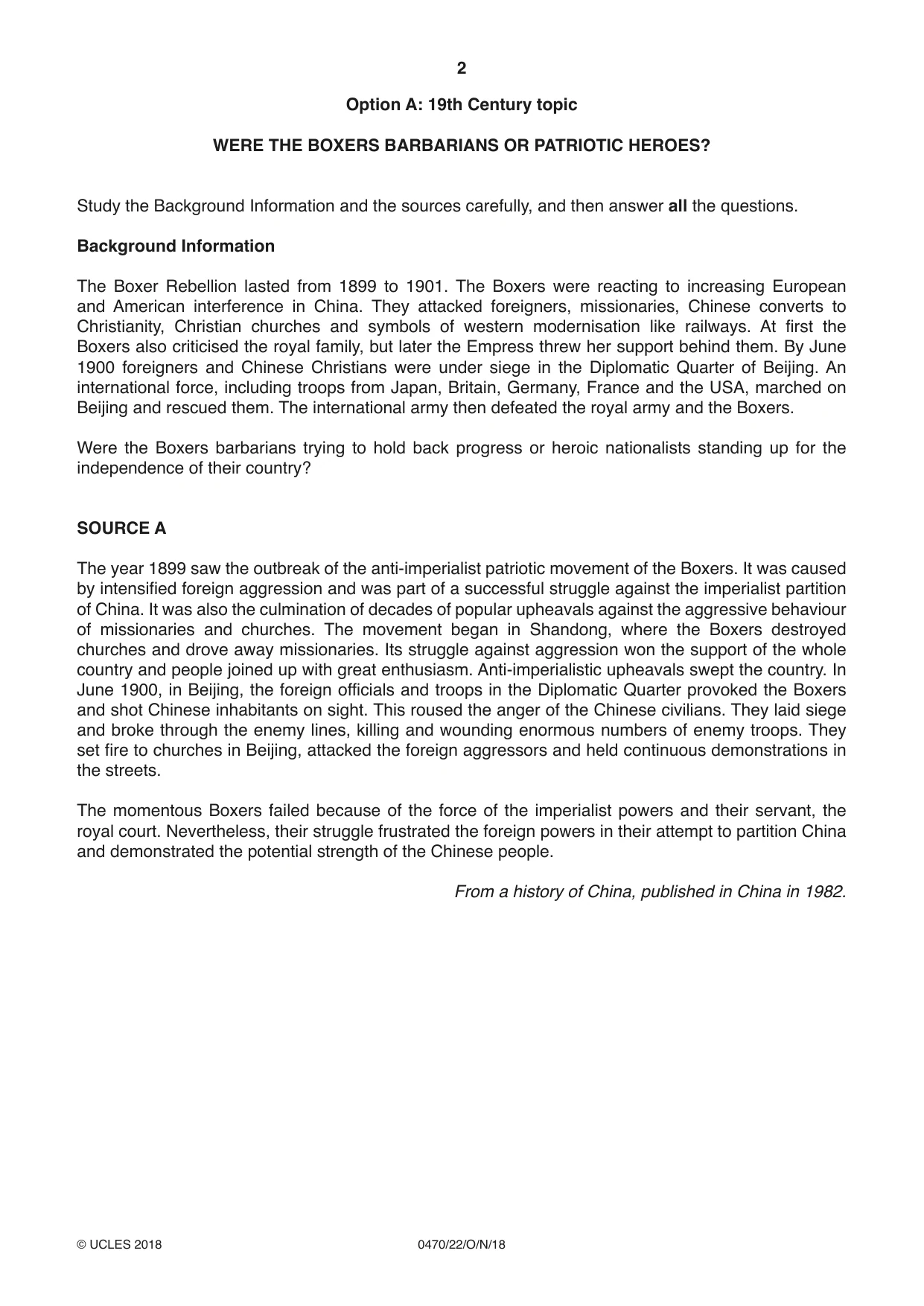 Cambridge IGCSE History 0470 2018 Oct/Nov Paper 2 · Variant 2 question paper, page 2 of 12