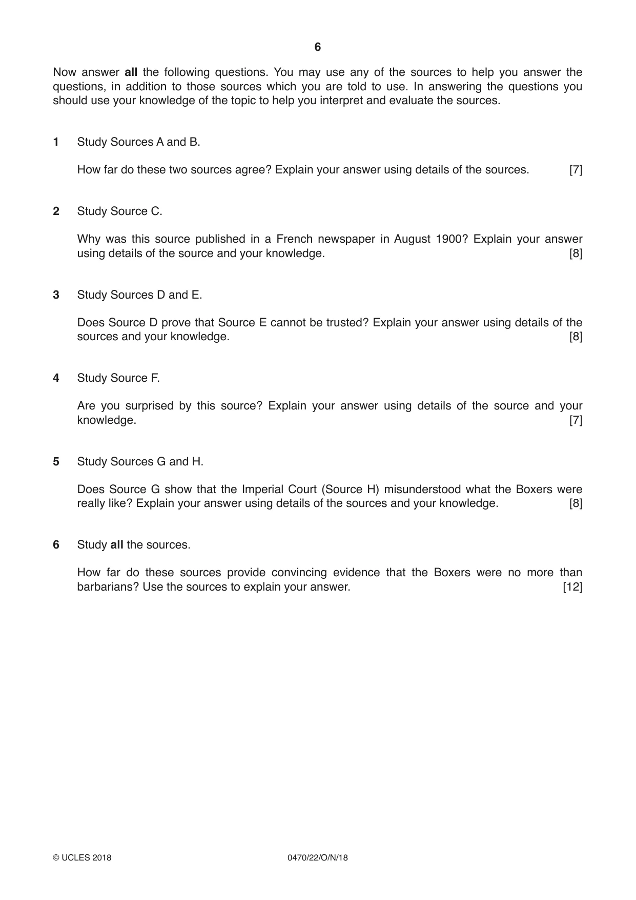 Cambridge IGCSE History 0470 2018 Oct/Nov Paper 2 · Variant 2 question paper, page 6 of 12