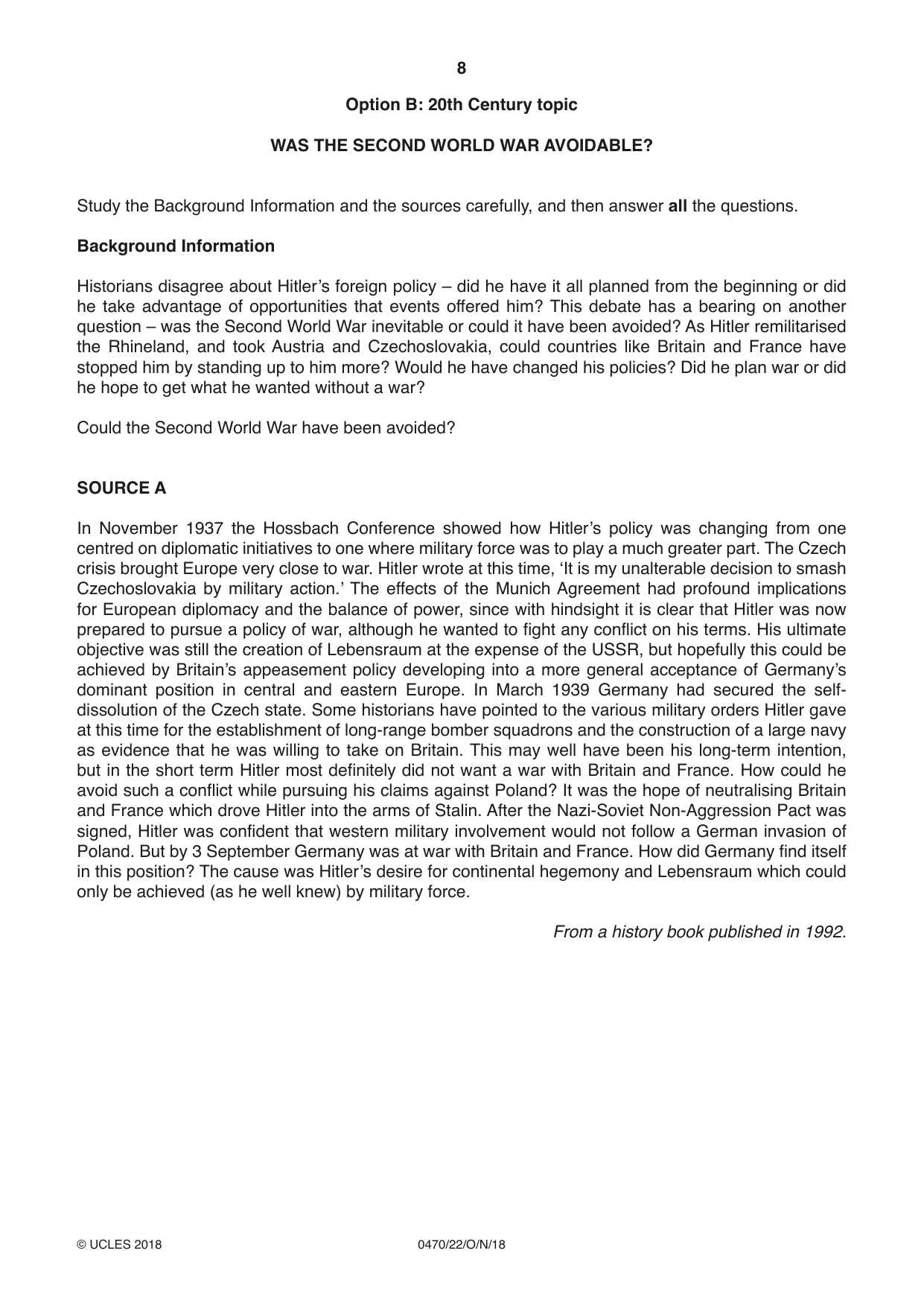 Cambridge IGCSE History 0470 2018 Oct/Nov Paper 2 · Variant 2 question paper, page 8 of 12