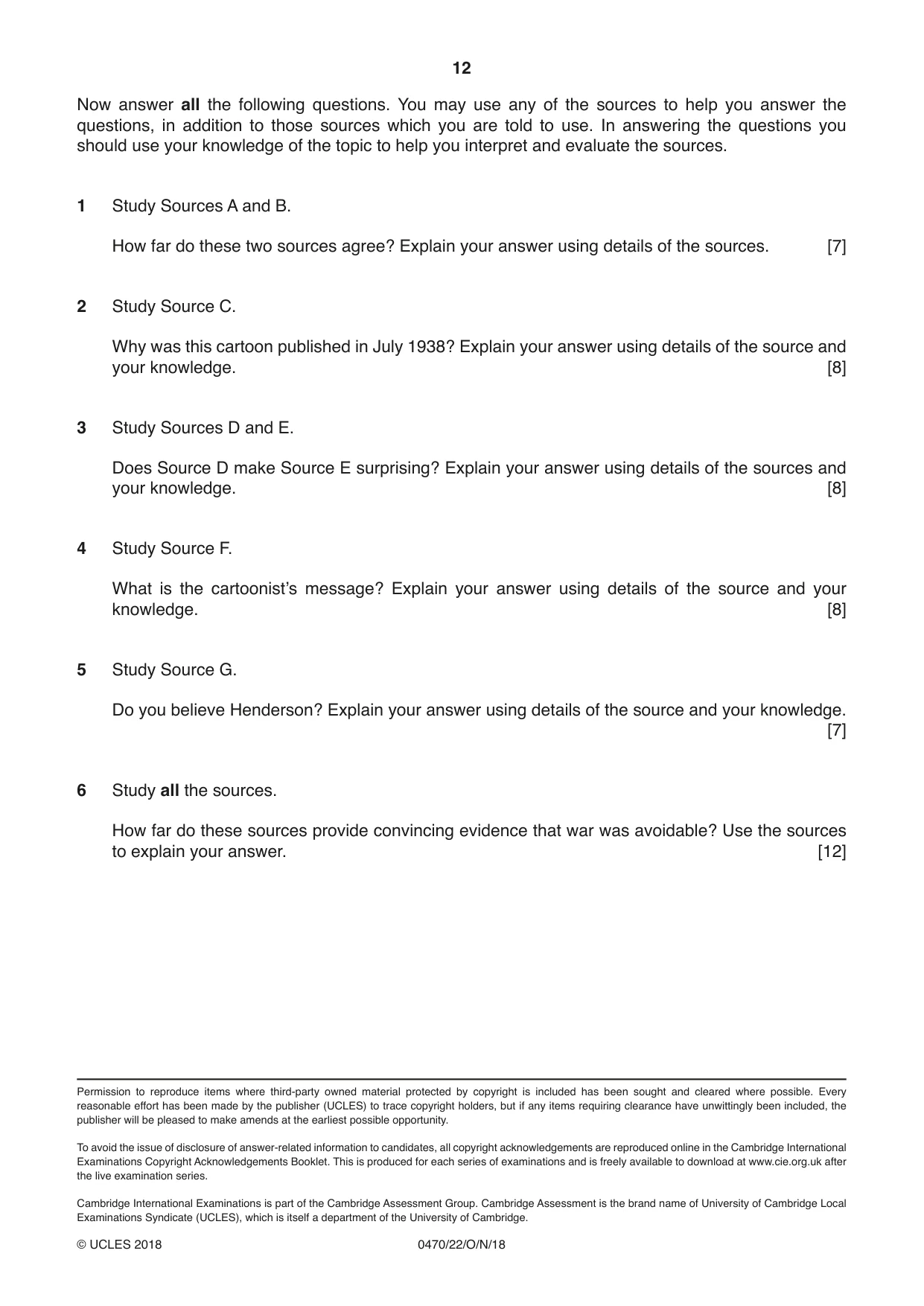 Cambridge IGCSE History 0470 2018 Oct/Nov Paper 2 · Variant 2 question paper, page 12 of 12