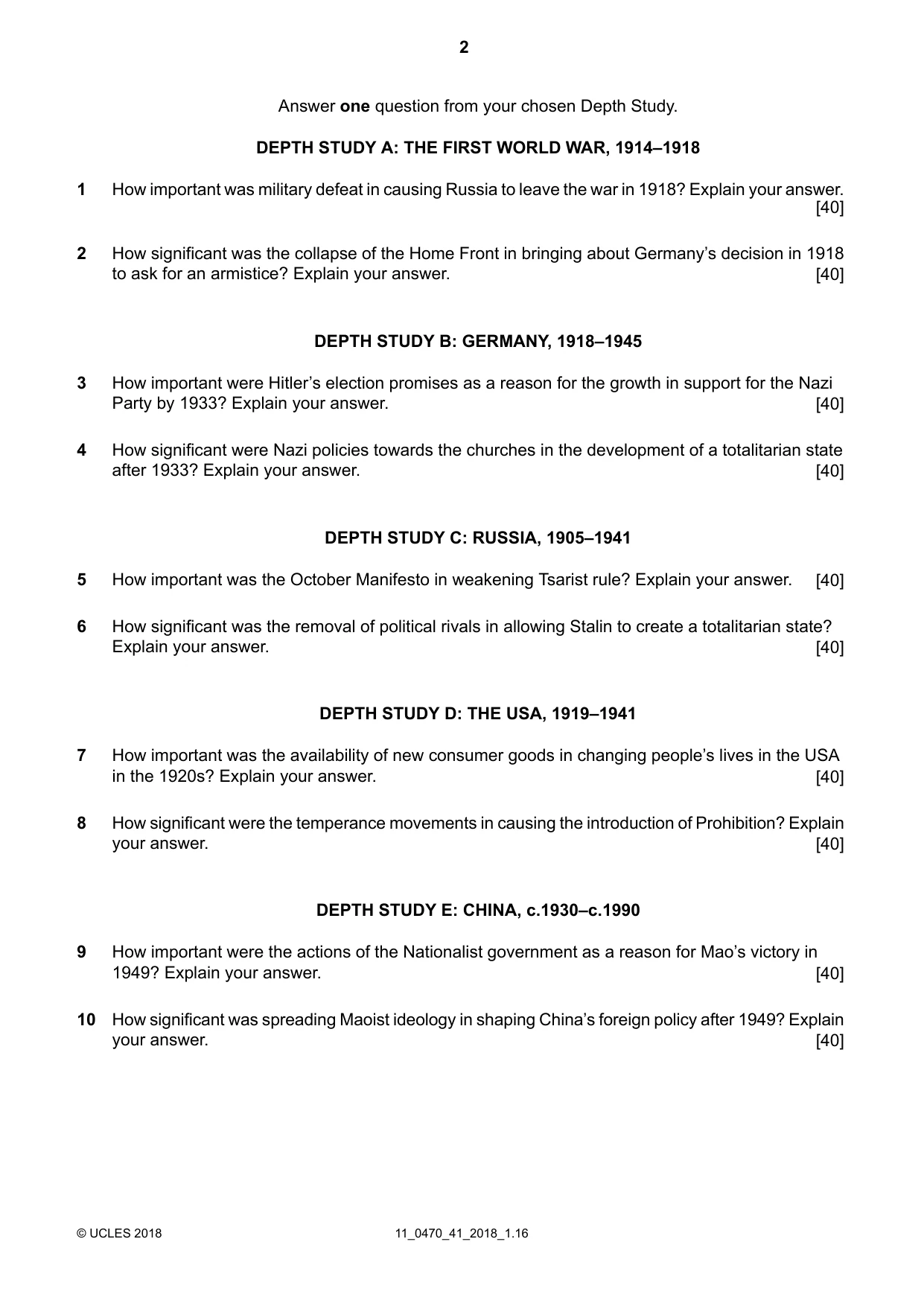 Cambridge IGCSE History 0470 2018 Oct/Nov Paper 4 · Variant 1 question paper, page 2 of 4