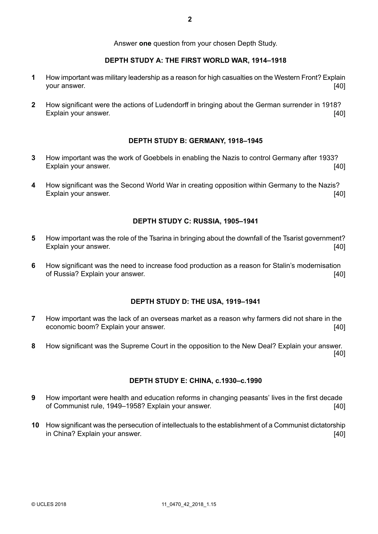 Cambridge IGCSE History 0470 2018 Oct/Nov Paper 4 · Variant 2 question paper, page 2 of 4