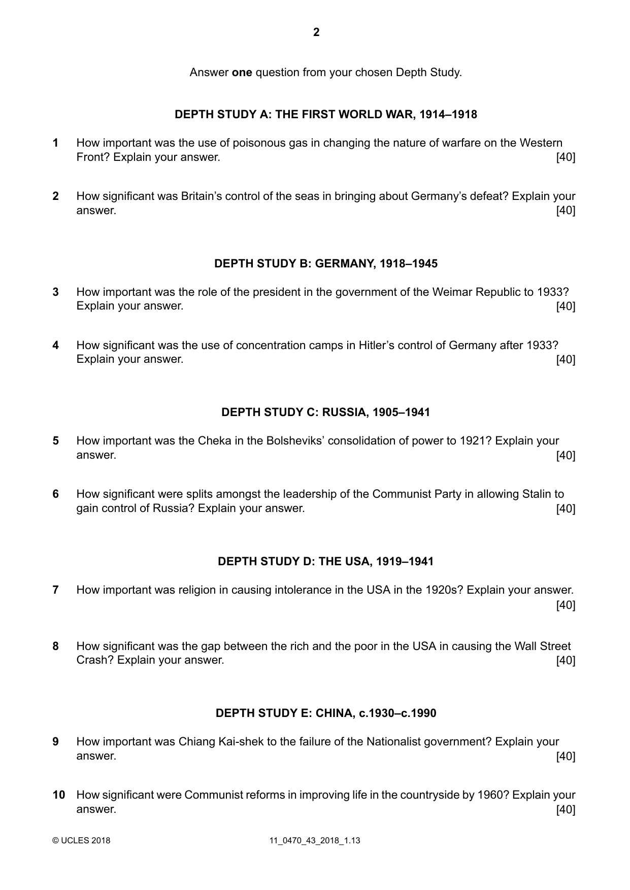 Cambridge IGCSE History 0470 2018 Oct/Nov Paper 4 · Variant 3 question paper, page 2 of 4