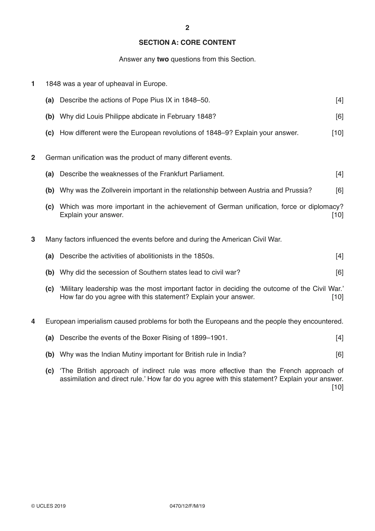 Cambridge IGCSE History 0470 2019 Feb/March Paper 1 · Variant 2 question paper, page 2 of 12