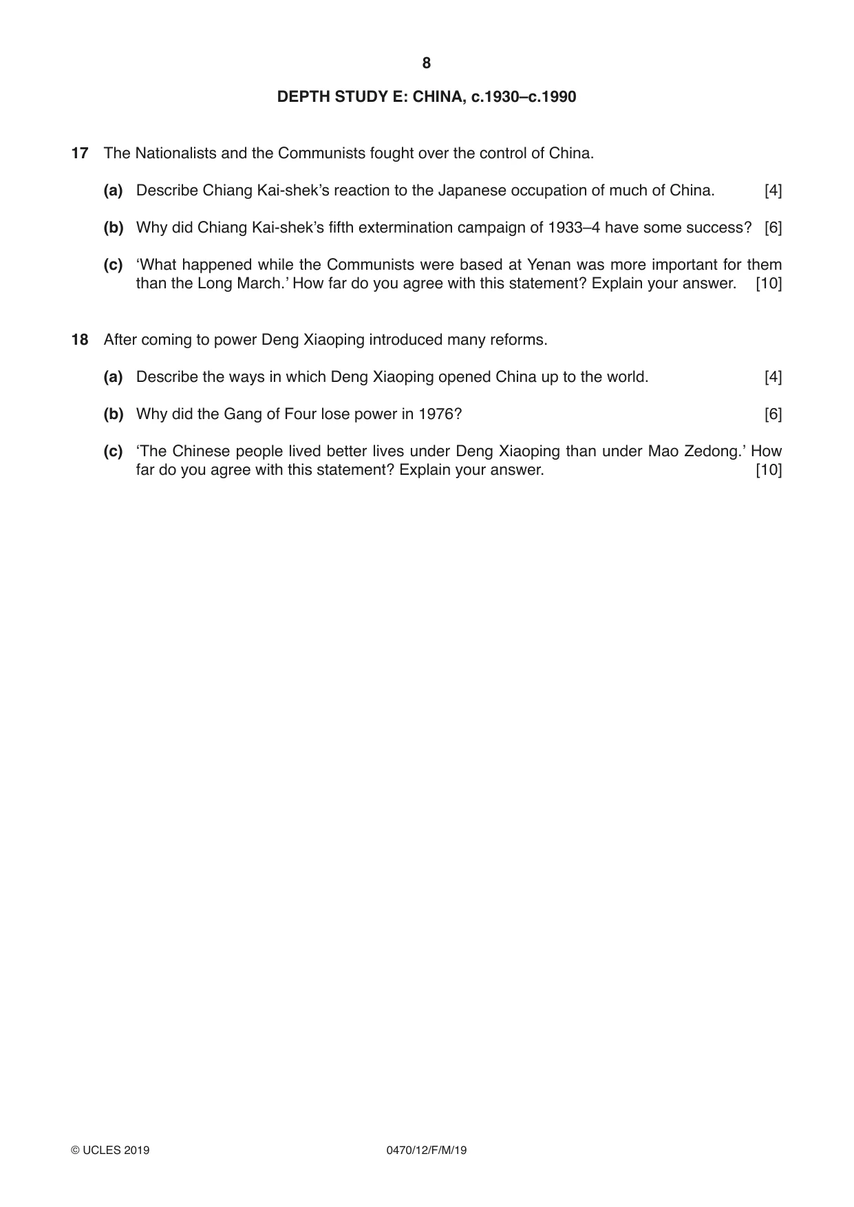 Cambridge IGCSE History 0470 2019 Feb/March Paper 1 · Variant 2 question paper, page 8 of 12