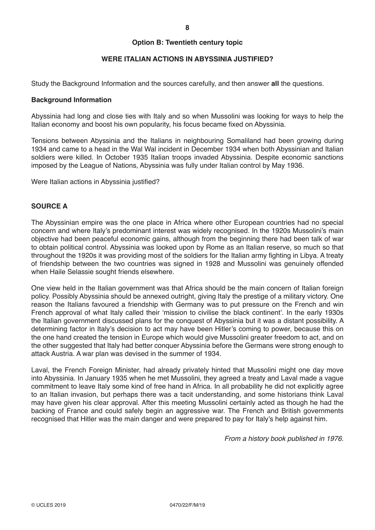 Cambridge IGCSE History 0470 2019 Feb/March Paper 2 · Variant 2 question paper, page 8 of 16