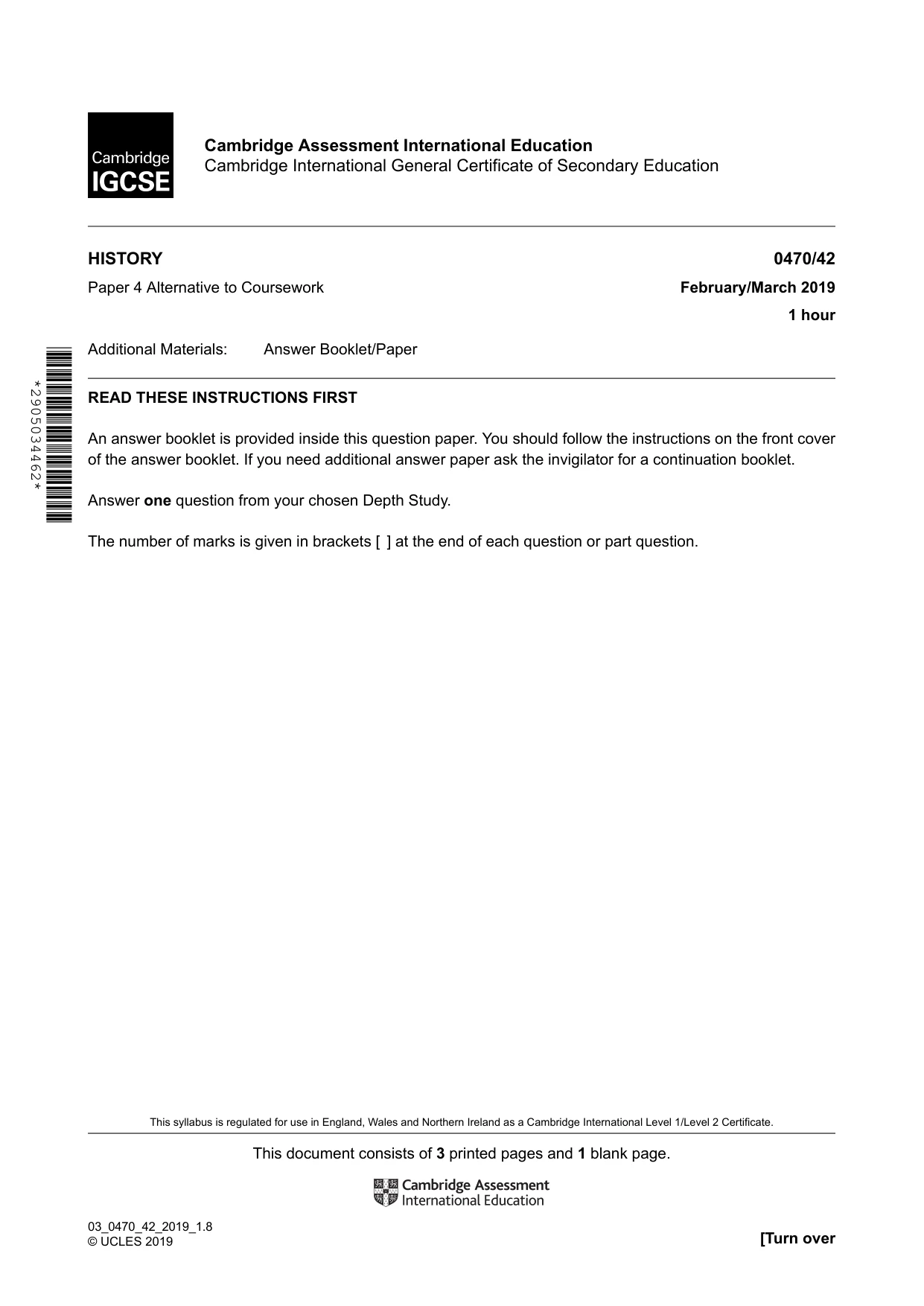 Cambridge IGCSE History 0470 2019 Feb/March Paper 4 · Variant 2 question paper, page 1 of 4