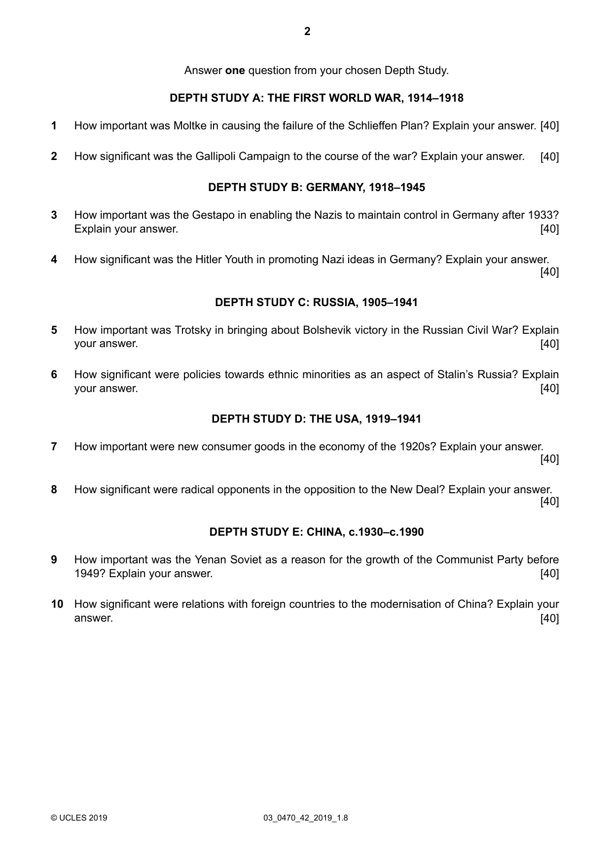 Cambridge IGCSE History 0470 2019 Feb/March Paper 4 · Variant 2 question paper, page 2 of 4