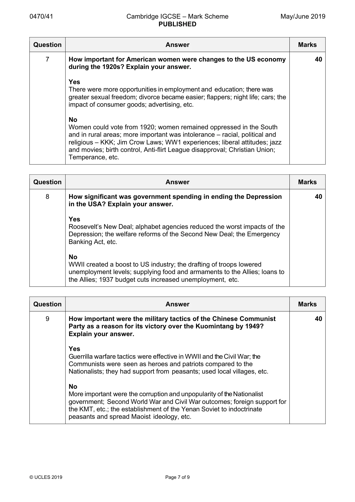 Mark scheme, page 7 of 9