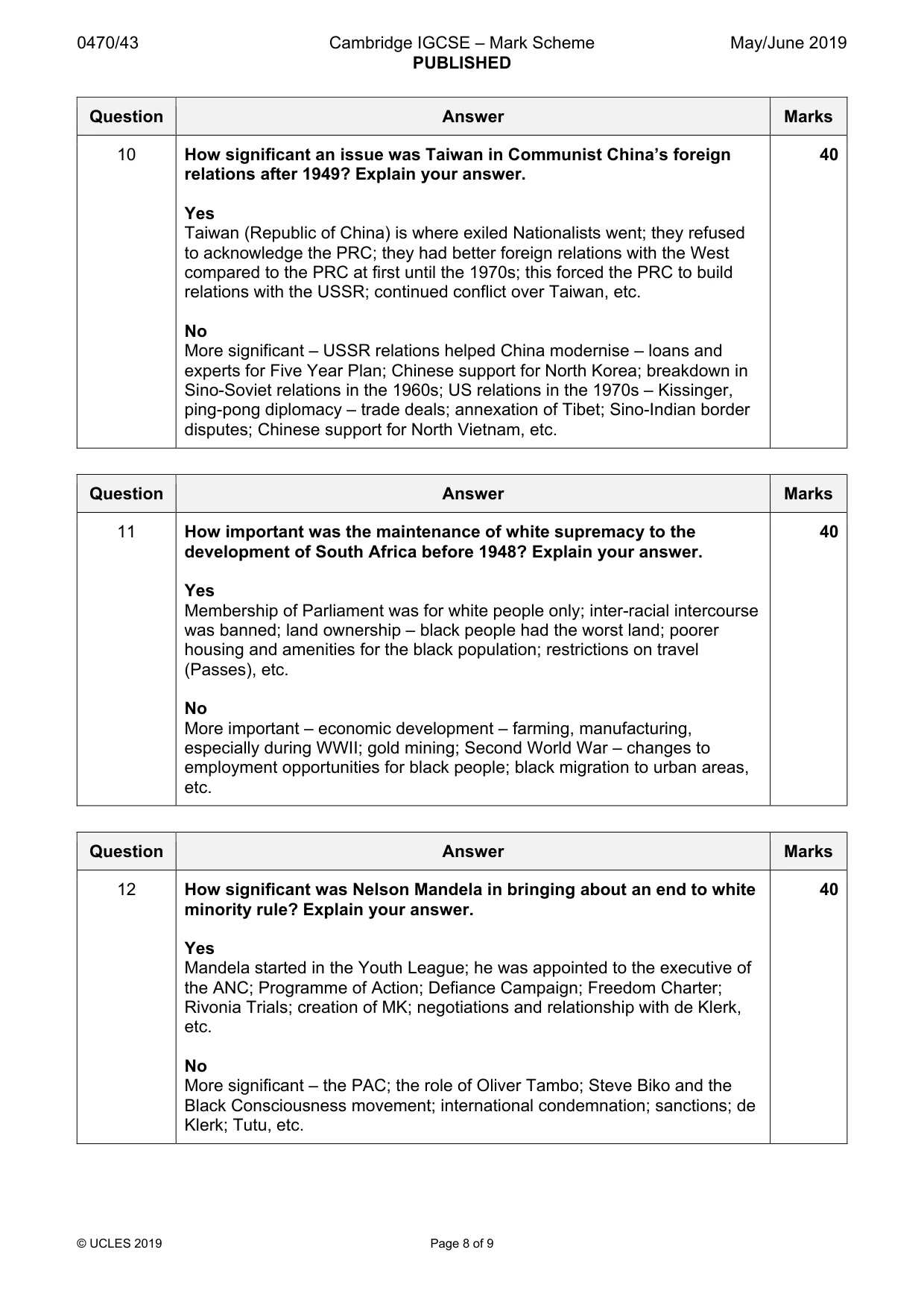 Mark scheme, page 8 of 9