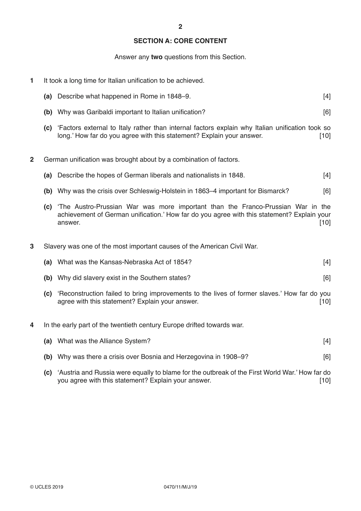 Cambridge IGCSE History 0470 2019 May/June Paper 1 · Variant 1 question paper, page 2 of 12