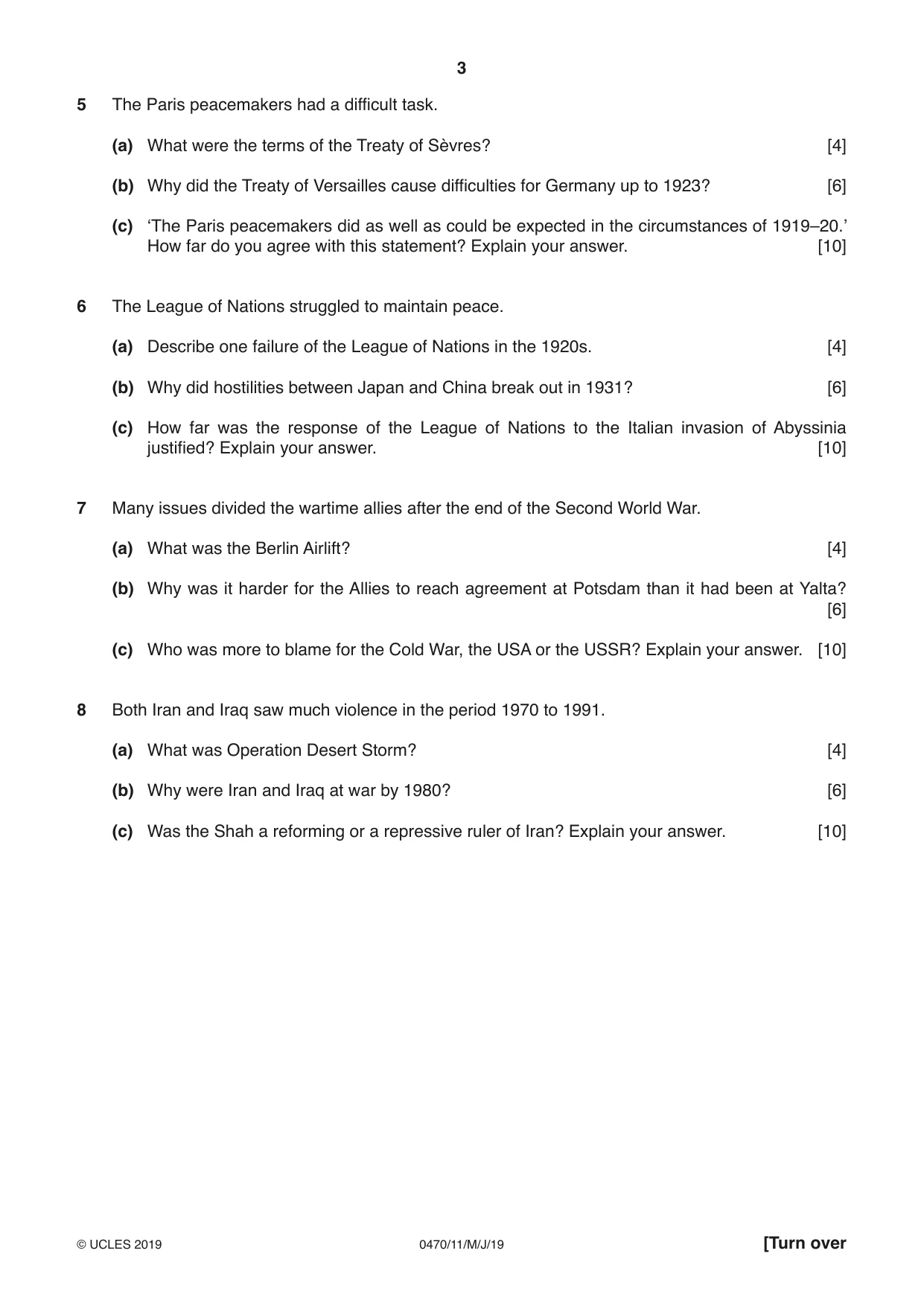 Cambridge IGCSE History 0470 2019 May/June Paper 1 · Variant 1 question paper, page 3 of 12
