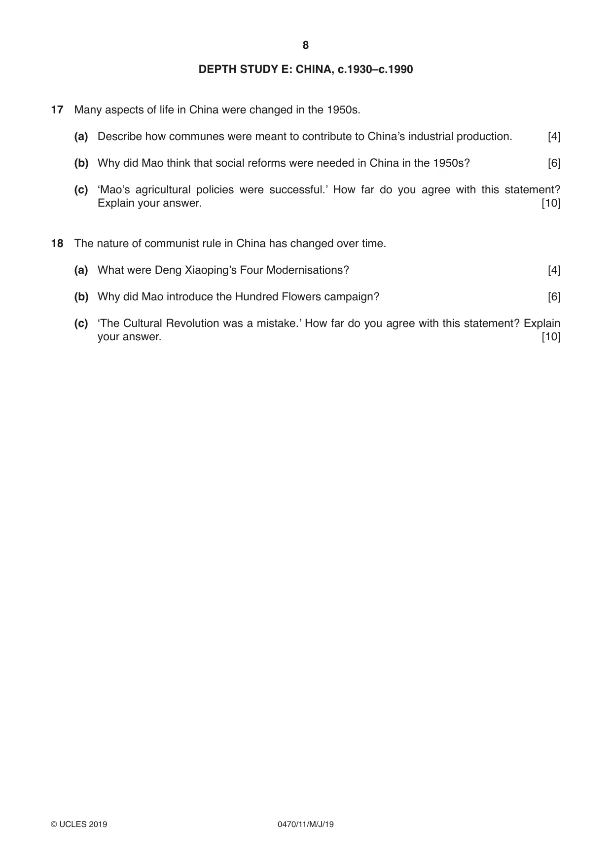 Cambridge IGCSE History 0470 2019 May/June Paper 1 · Variant 1 question paper, page 8 of 12