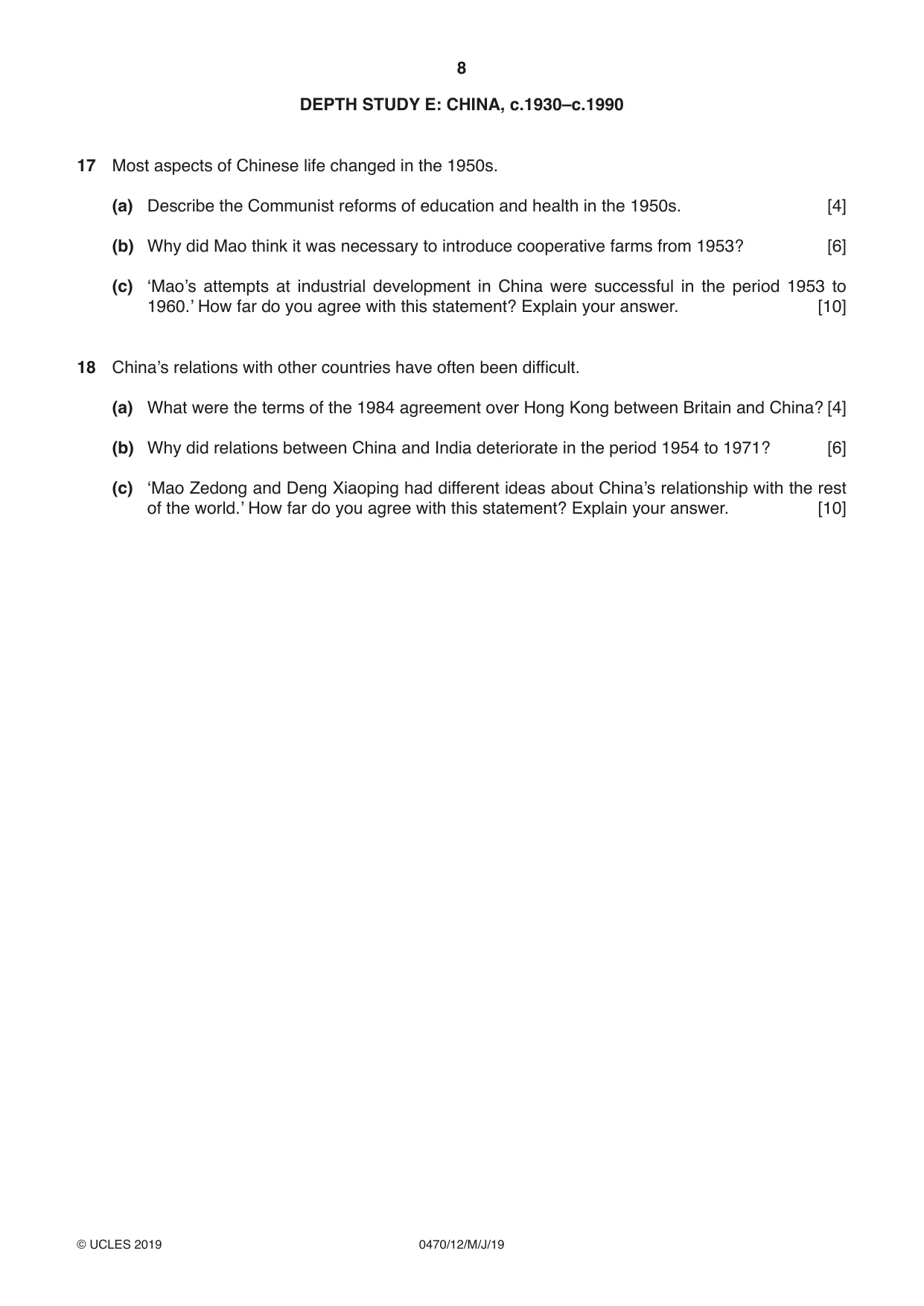 Cambridge IGCSE History 0470 2019 May/June Paper 1 · Variant 2 question paper, page 8 of 12