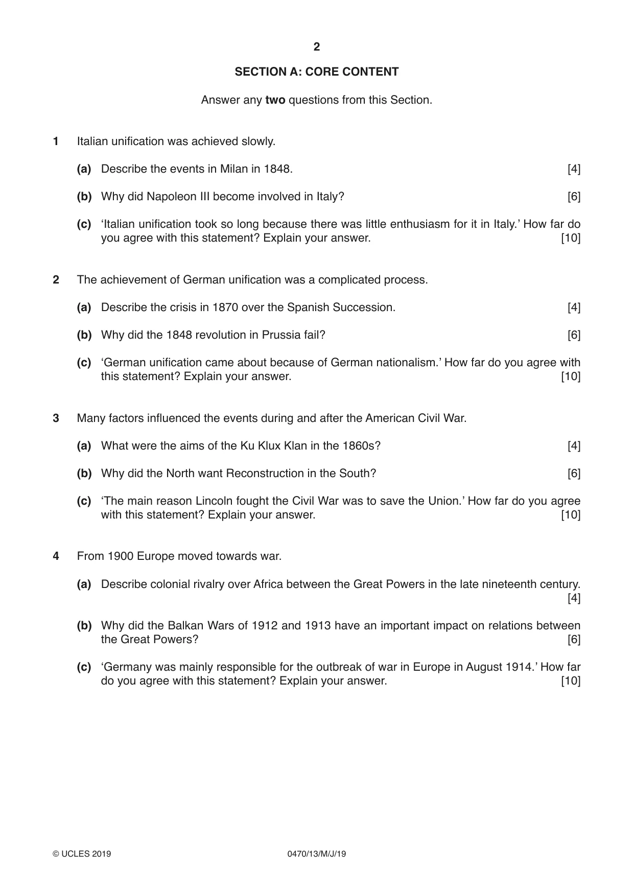 Cambridge IGCSE History 0470 2019 May/June Paper 1 · Variant 3 question paper, page 2 of 12