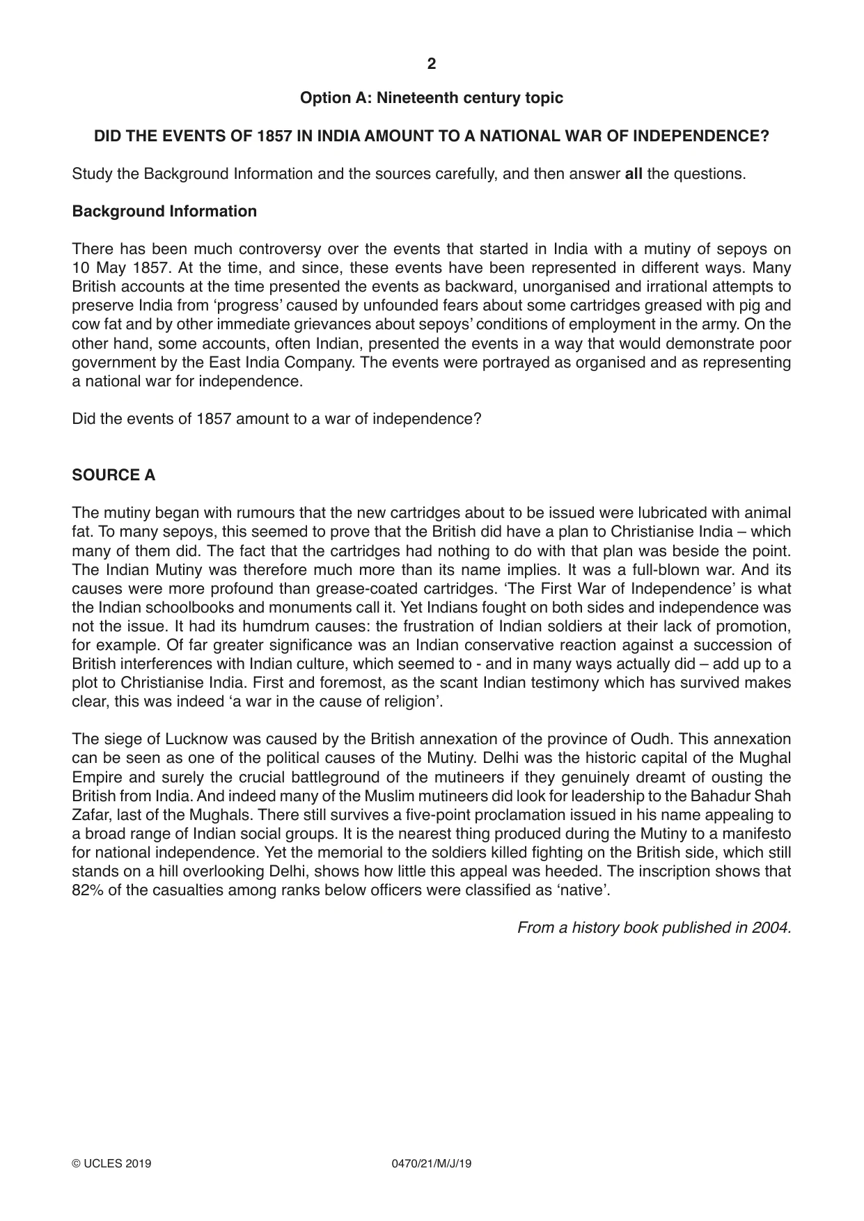Cambridge IGCSE History 0470 2019 May/June Paper 2 · Variant 1 question paper, page 2 of 12