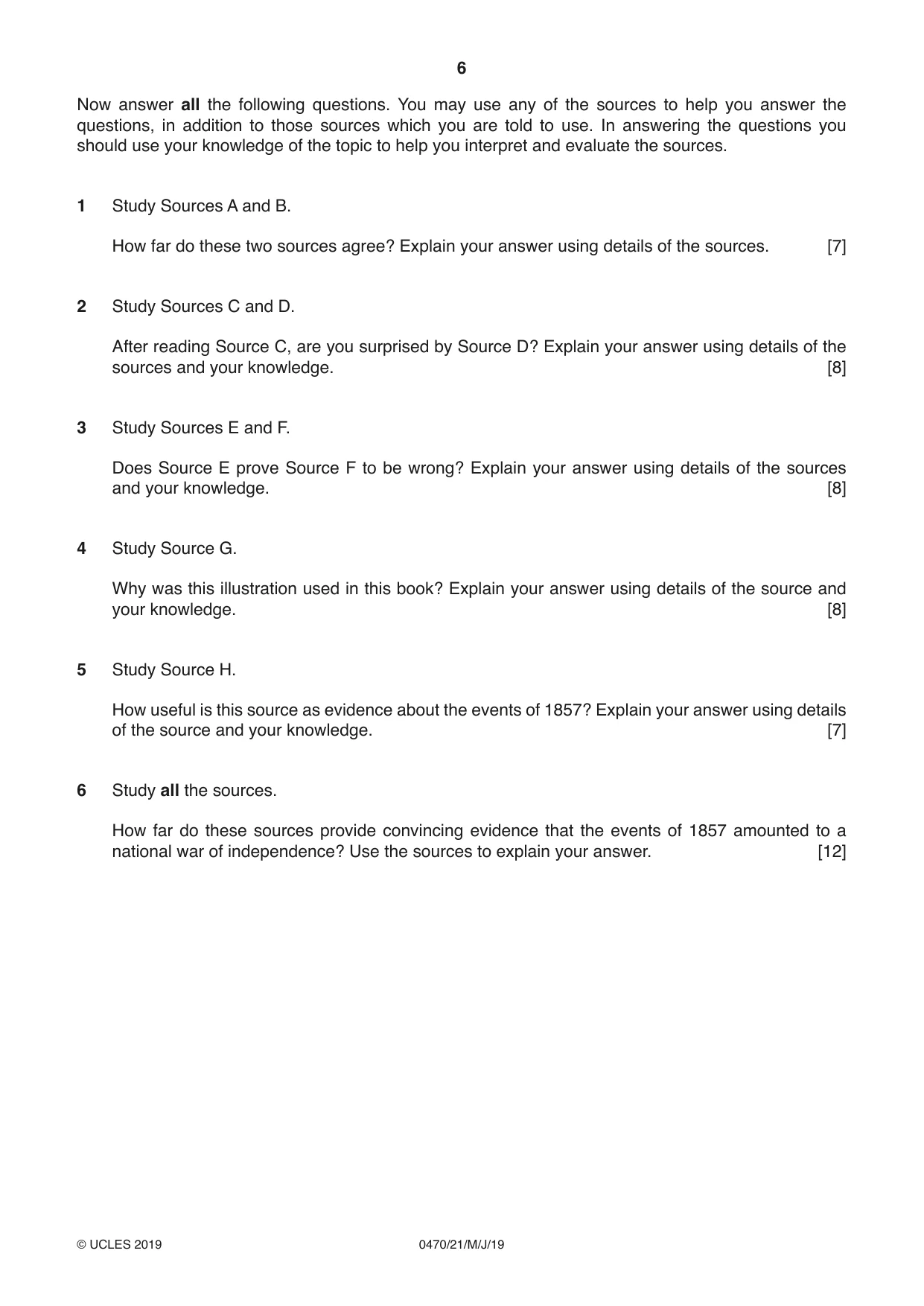 Cambridge IGCSE History 0470 2019 May/June Paper 2 · Variant 1 question paper, page 6 of 12