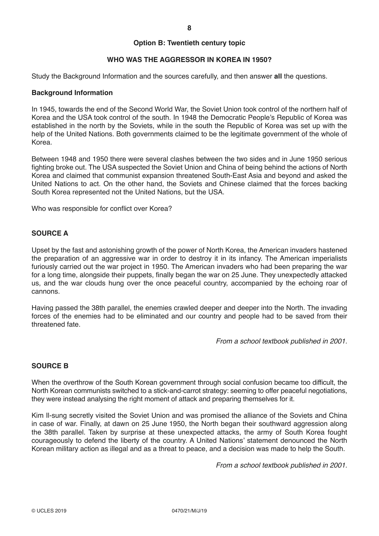 Cambridge IGCSE History 0470 2019 May/June Paper 2 · Variant 1 question paper, page 8 of 12
