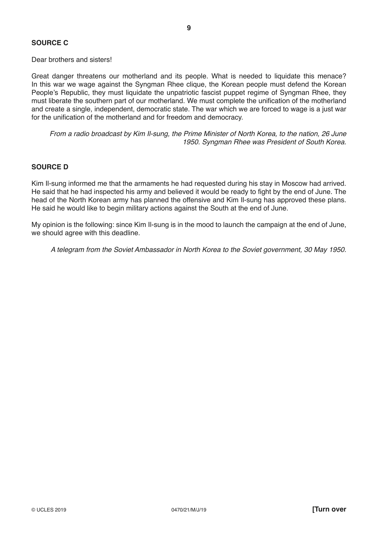 Cambridge IGCSE History 0470 2019 May/June Paper 2 · Variant 1 question paper, page 9 of 12